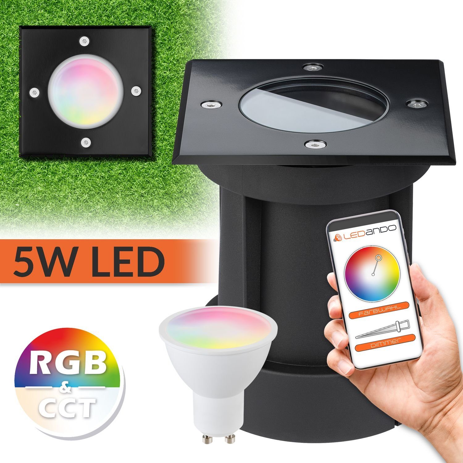 LEDANDO LED Einbaustrahler 5W WiFi LED Bodeneinbaustrahler Set - Smart per App steuerbar - RGB +