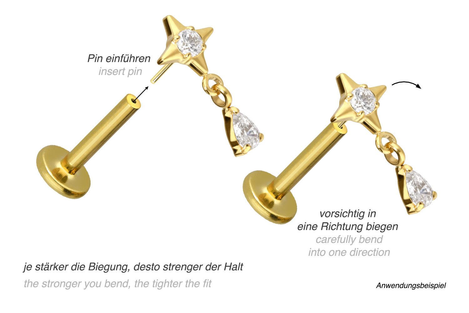 PIERCINGLINE Piercing-Set Titan Labret mit Push Fit STERN + KRISTALLTROPFEN (Labrets, 1-tlg)