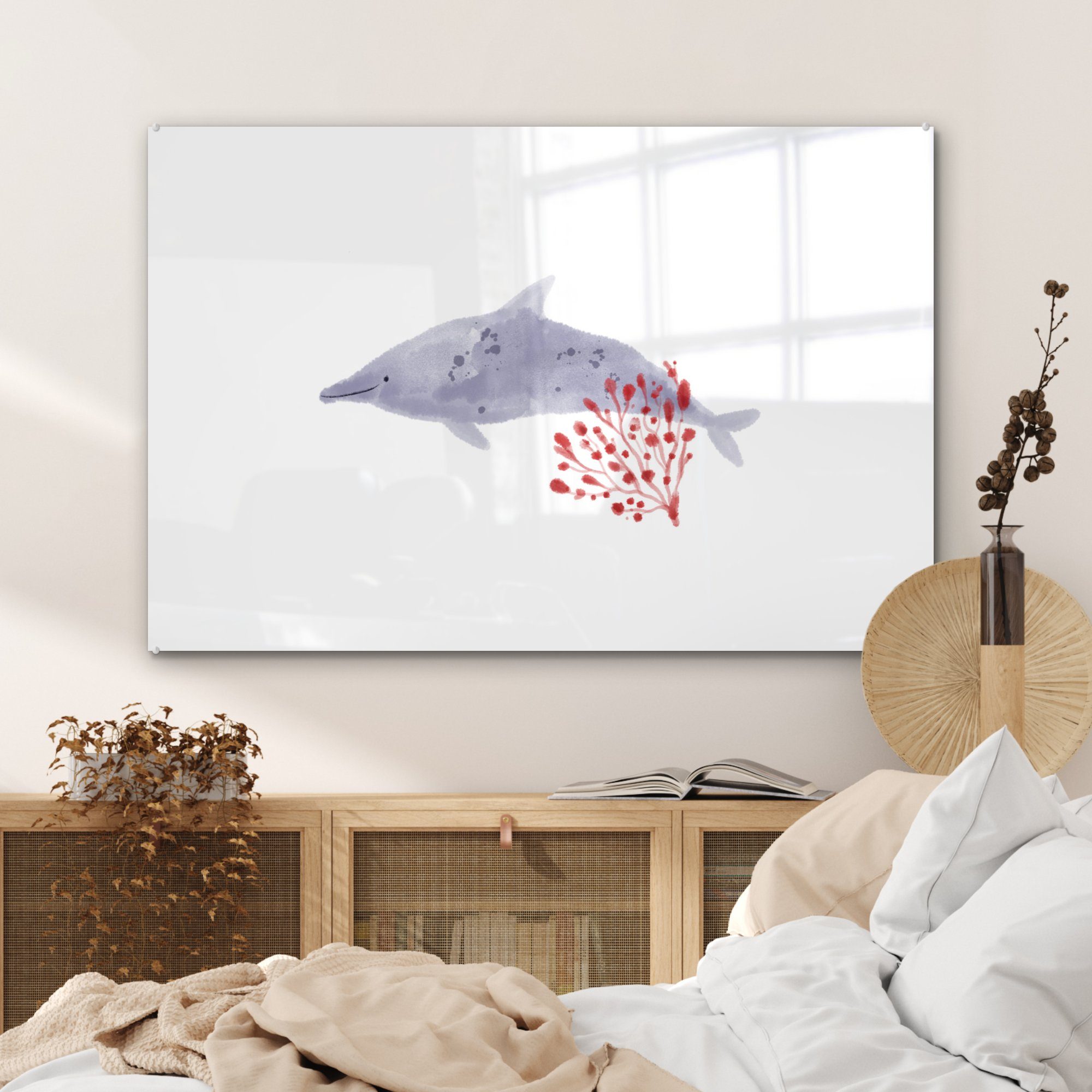 MuchoWow - Aquarell, & (1 Meer Acrylglasbild Pflanzen - - Delfin Schlafzimmer Acrylglasbilder St), Wohnzimmer