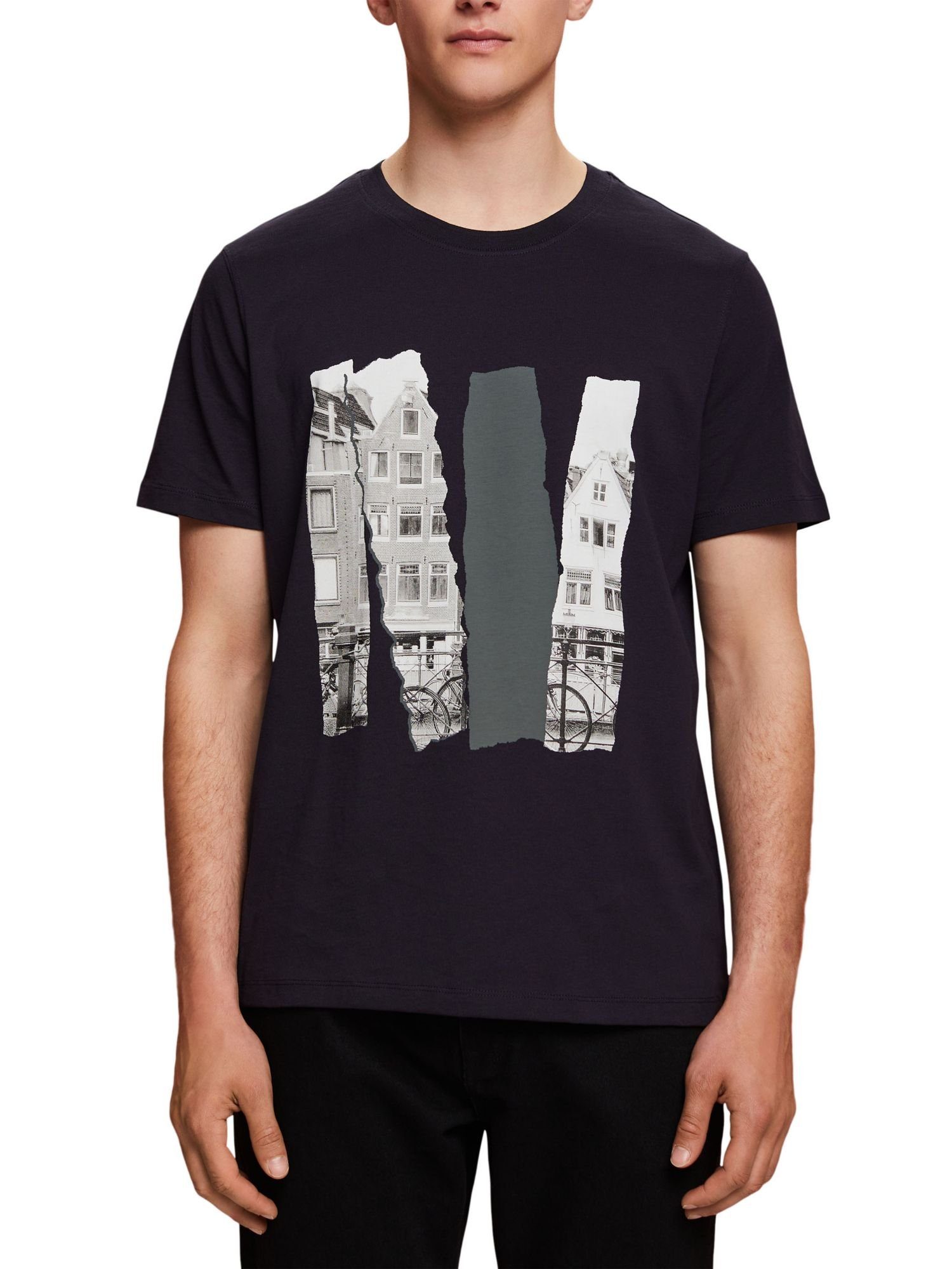 100 % T-Shirt (1-tlg) NAVY Rundhals-T-Shirt mit Esprit Baumwolle Print,