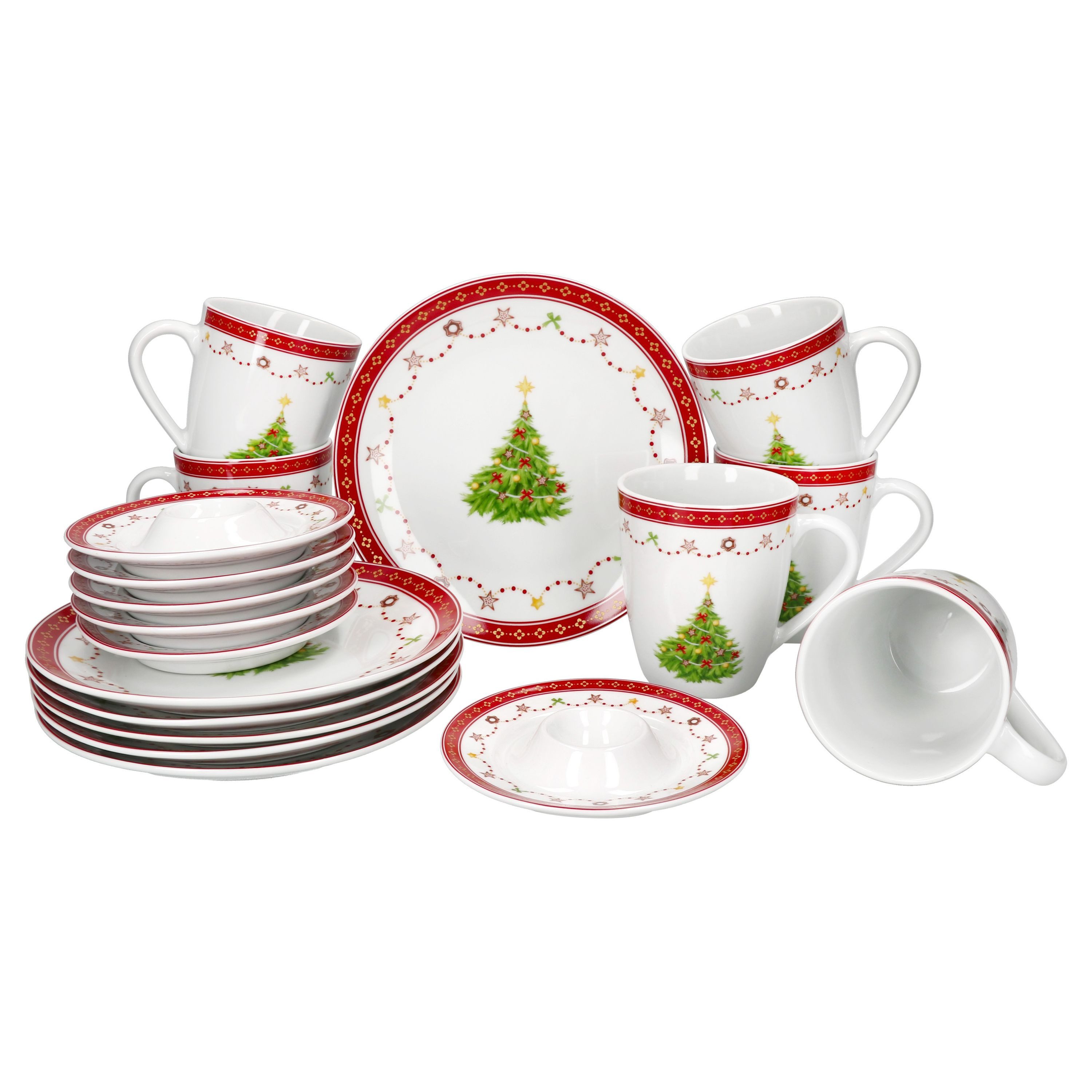 MamboCat Frühstücks-Geschirrset 18tlg Frühstücksset Weihnachtstraum Porzellan 6 Pers. Teller Becher, Porzellan, Weihnachtsgeschirr, Weihnachten, Weihnachtsset, Geschirr
