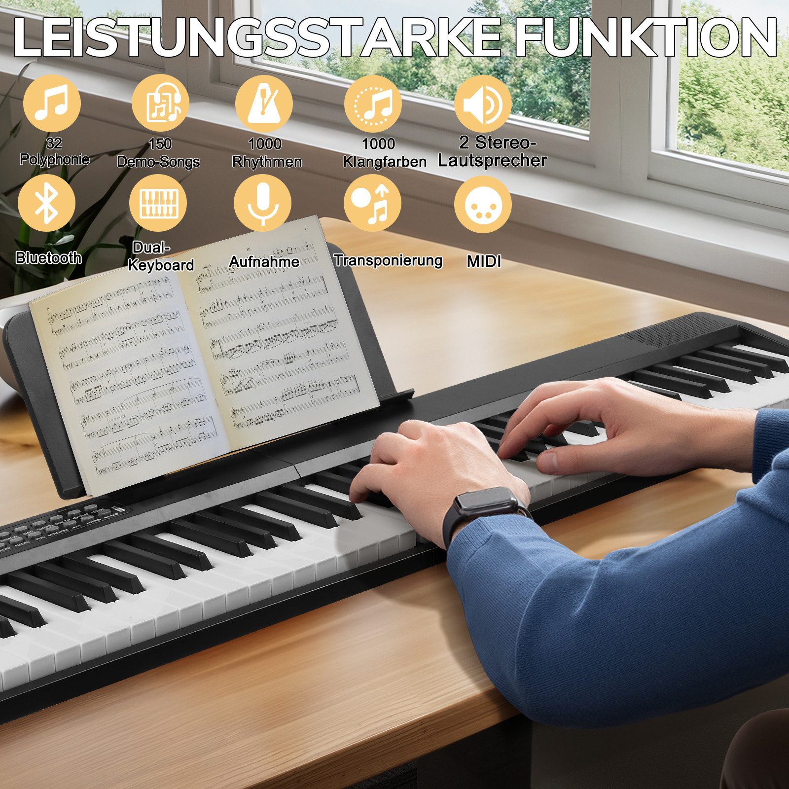 LALAHO Digitalpiano Klappbare E-Keyboard mit 88 Tasten, Klappklavier, Bluetooth und MIDI, tragbar, mit Kopfhörer, Lautsprecher – Bild 3 von 5