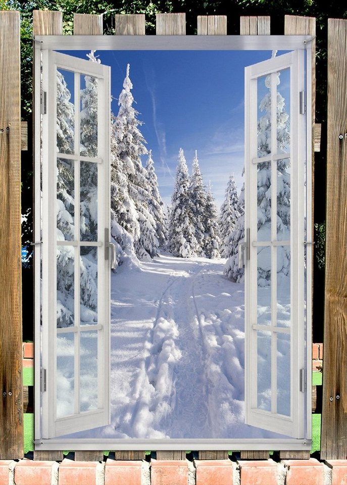 Thumbnail - Wallario Sichtschutzzaunmatten Wanderweg im Schnee, mit Fenster-Illusion