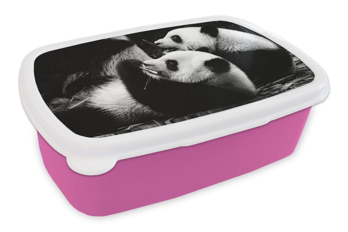MuchoWow Lunchbox Pandas - Schwarz - Weiß, Kunststoff, (2-tlg), Brotbox für Erwachsene, Brotdose Kinder, Snackbox, Mädchen, Kunststoff rosa