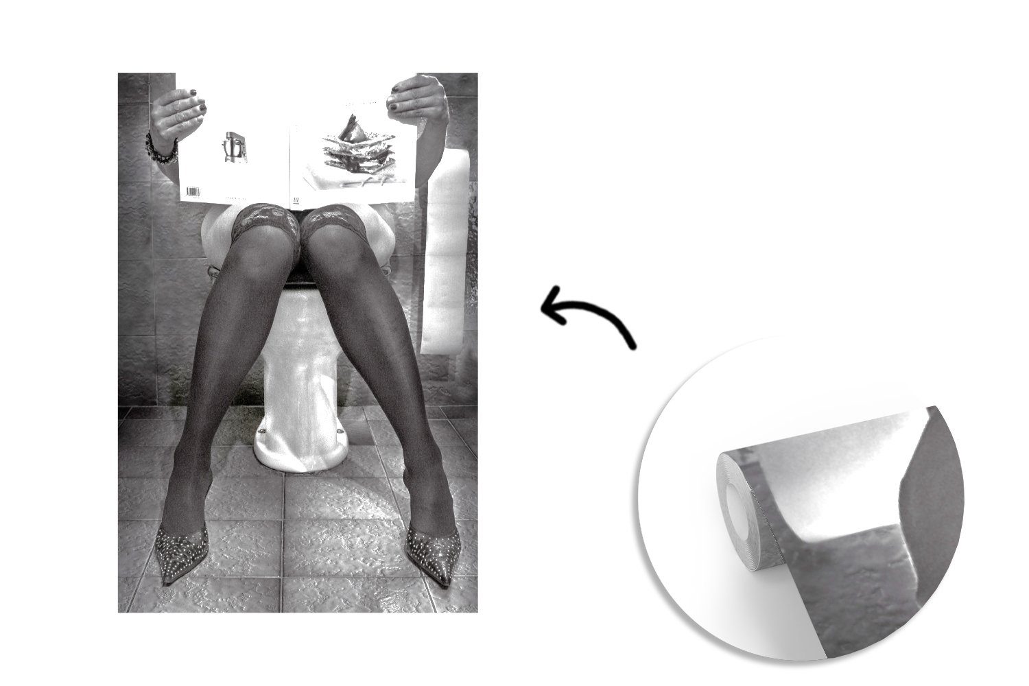 Vinyl (3 Frau Buch - Fototapete bedruckt, - Wandtapete Wohnzimmer, Schwarz - Matt, - Weiß, St), MuchoWow Tapete Toilette für Montagefertig