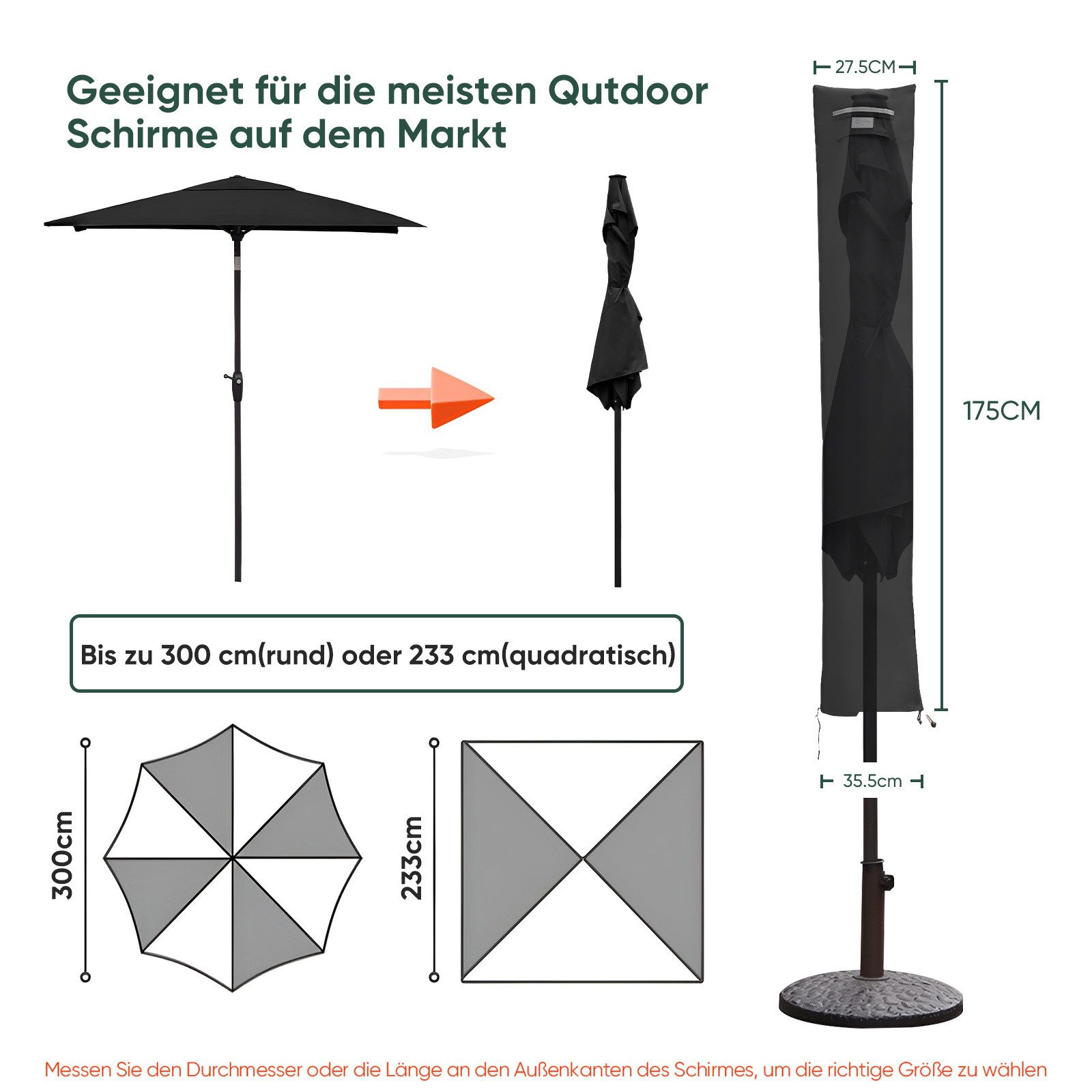 Sekey Sonnenschirm-Schutzhülle für Sonnenschirm bis Ø3m Gartenschirm, XL, mit Stab und Reißverschluss, aus 600D Oxford, UV-Schutz, Wasserabweisend, Leicht zu reinigen