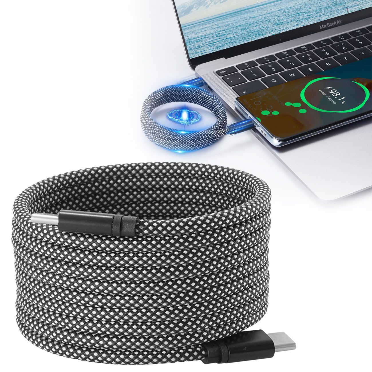 shop'n smile ideoon Innovatives 100W USB-C Ladekabel 2m 480 Mbit/s Magnetisch& Knotenfrei USB-Kabel, 2m Rundkabel Schnellladen mit bis zu 100 Watt & Aluminiumgehäuse