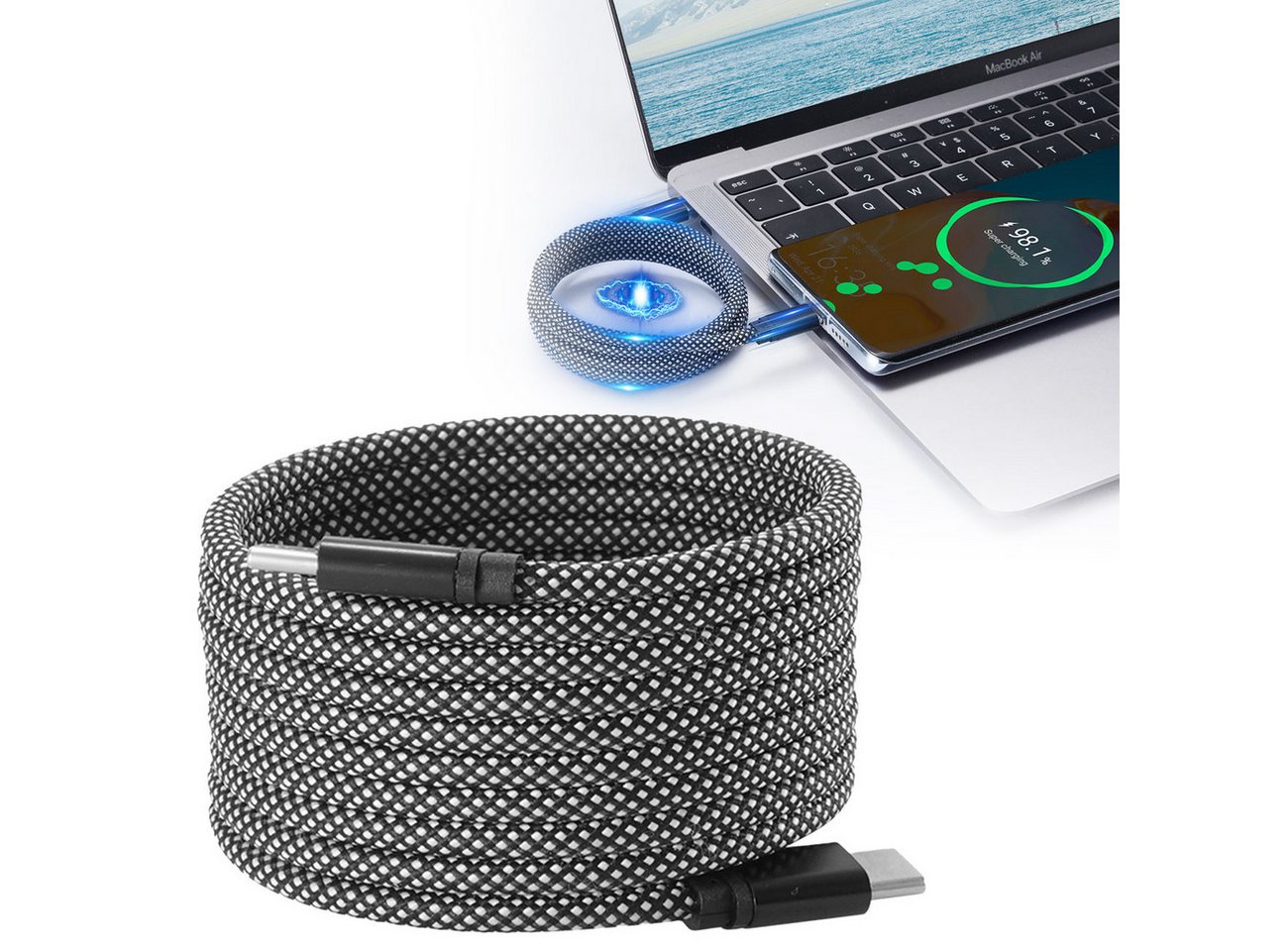 shop'n smile ideoon Innovatives 100W USB-C Ladekabel 2m 480 Mbit/s Magnetisch& Knotenfrei USB-Kabel, 2m Rundkabel Schnellladen mit bis zu 100 Watt & Aluminiumgehäuse