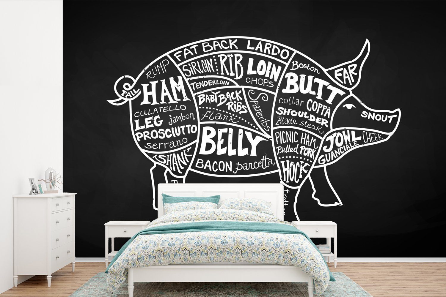 MuchoWow Fototapete Schwein - Fleischer - Fleisch, Matt, bedruckt, (6 St), Wallpaper für Wohnzimmer, Schlafzimmer, Kinderzimmer, Vinyl Tapete