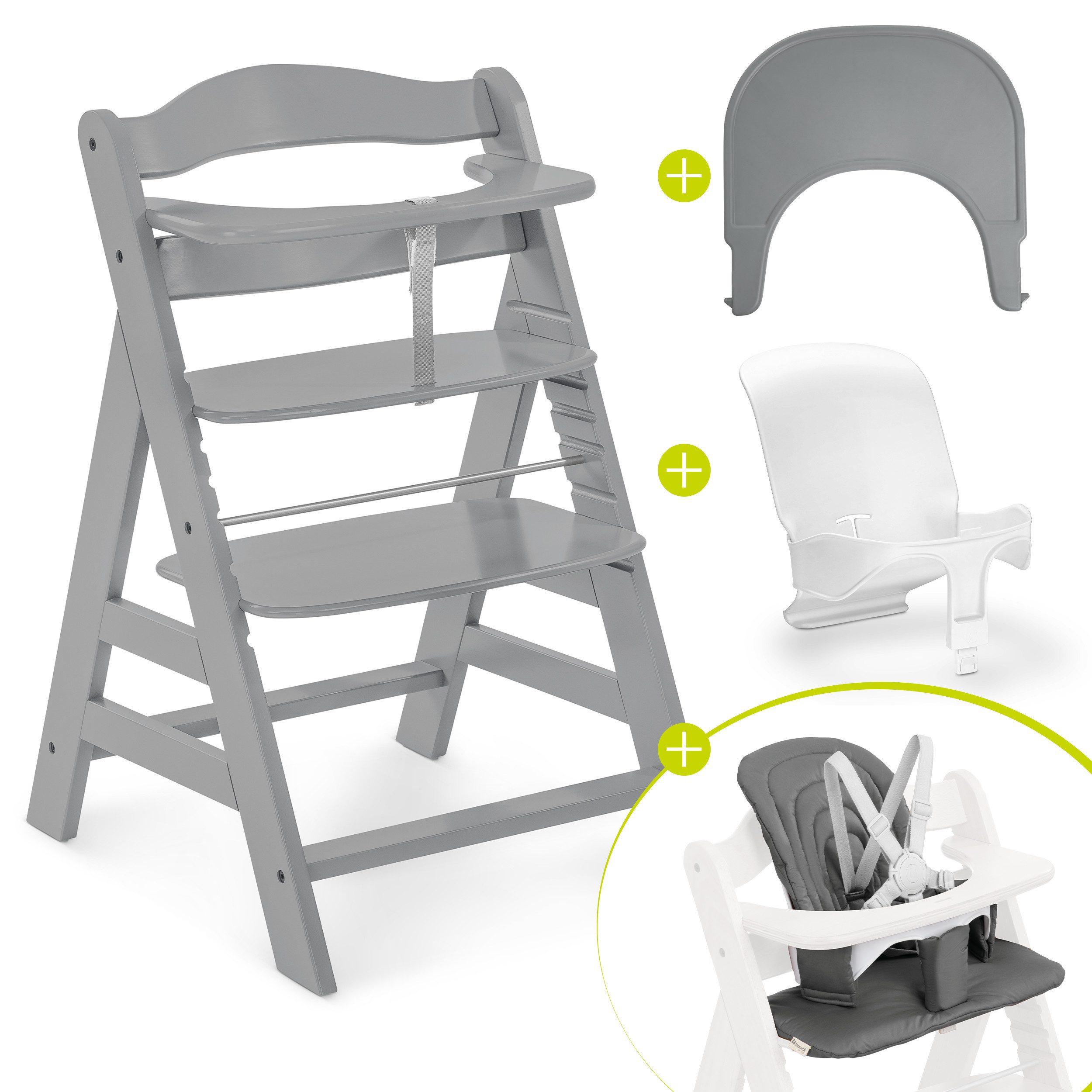 Hauck Hochstuhl Alpha Plus Grey, Holz Baby Kinderhochstuhl mit Tablett Click Tray, Baby-Sitz & Sitzpad