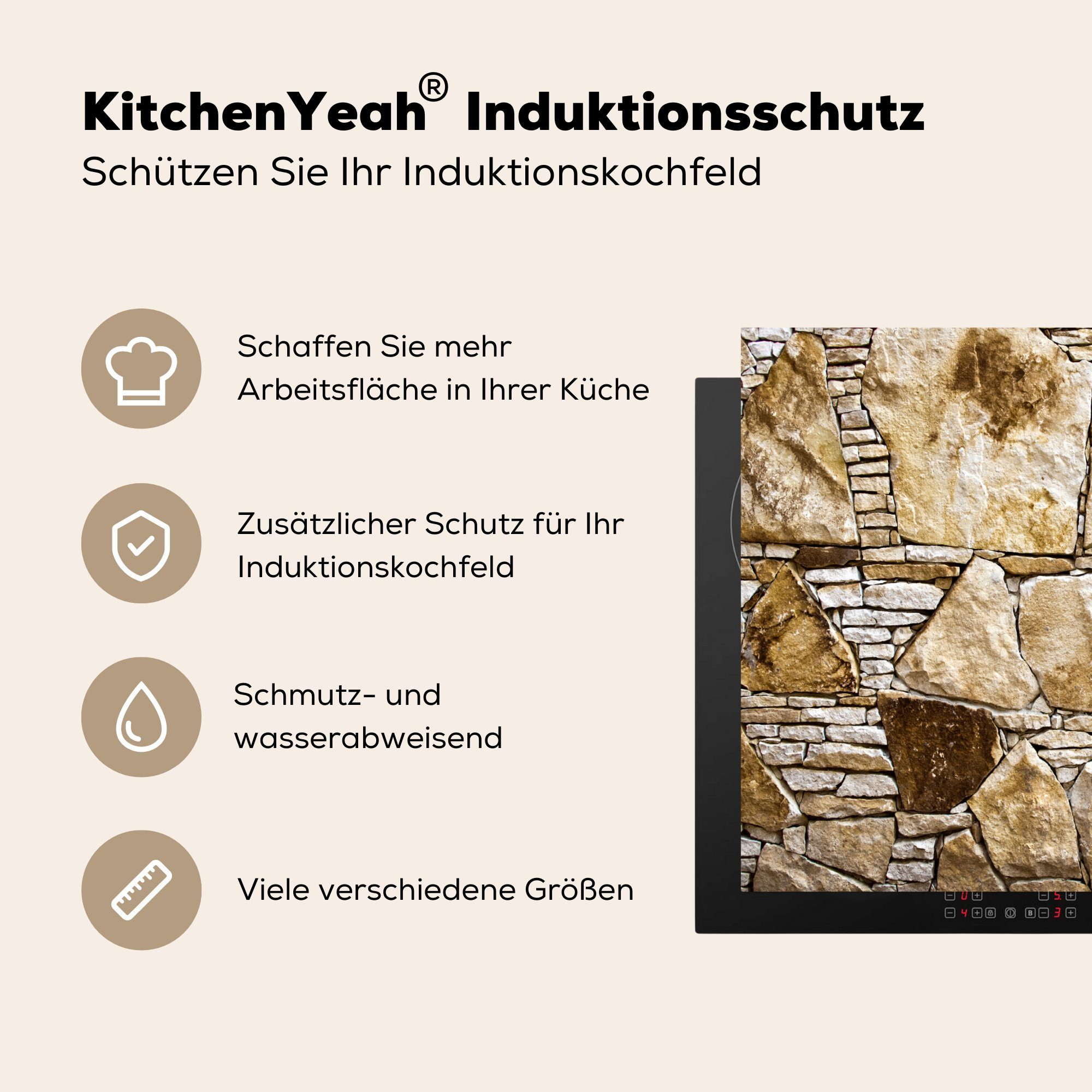 MuchoWow Herdblende-/Abdeckplatte Felsbrocken - Mauer Küchen - tlg), Dekoration für Induktionskochfeld Steine, (1 Vinyl, cm, 58x51 Induktionsherd