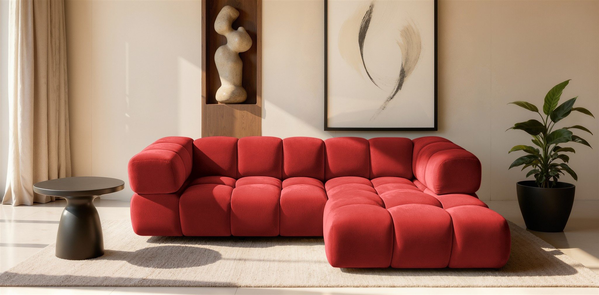 Fun Möbel Ecksofa Designersofa BLANCHE in Stoff Bluvel oder Puente, Ottomane Links oder Rechts, Rundumbezug