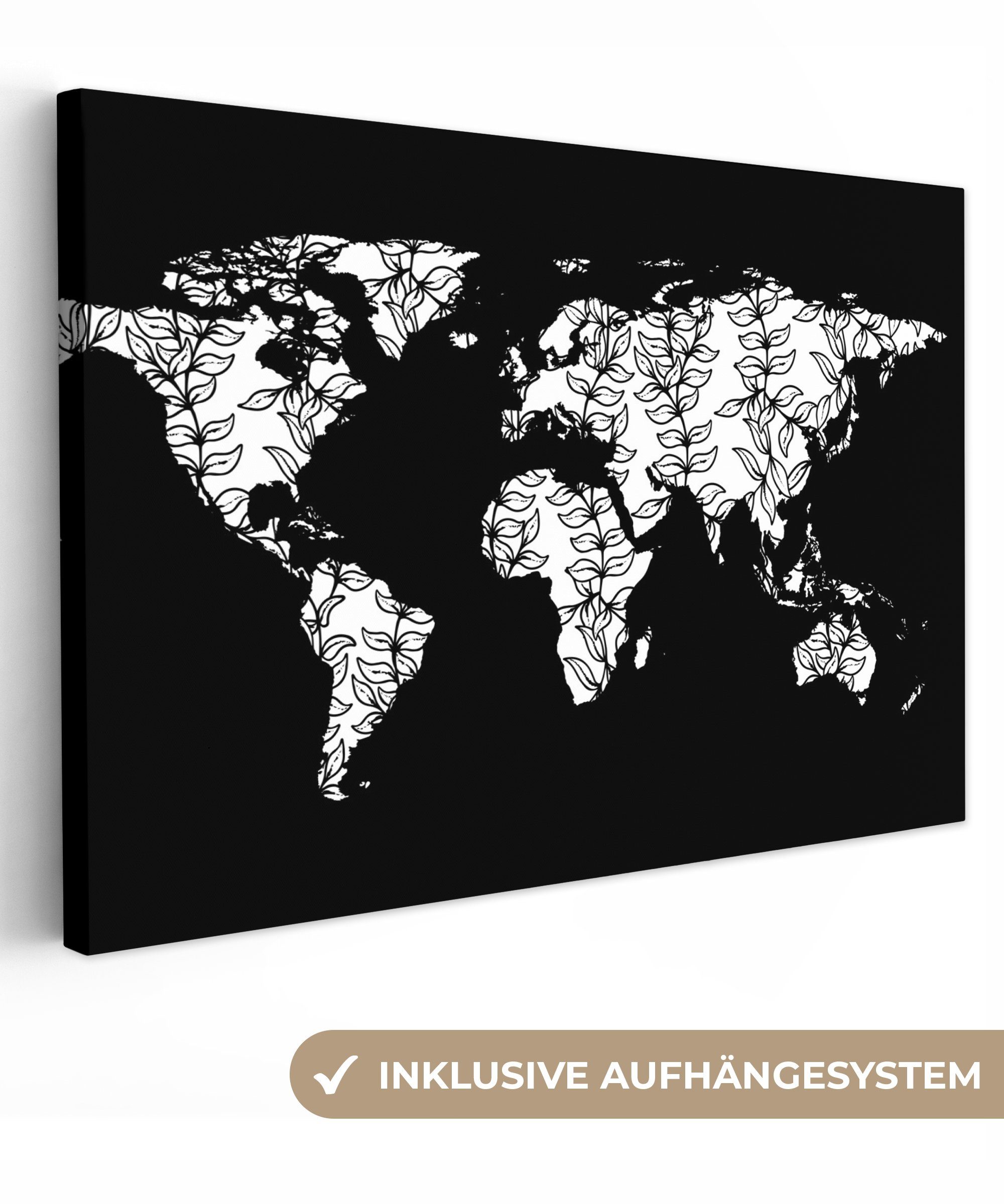 OneMillionCanvasses® Leinwandbild Weltkarte - Schwarz - Weiß - Blätter, (1 St), Wandbild Leinwandbilder, Aufhängefertig, Wanddeko, 30x20 cm
