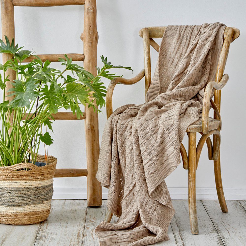 Karaca Home Bett-Set Dark Beige Cable Knit Throw Doppelsamenstıchwıckeldecke