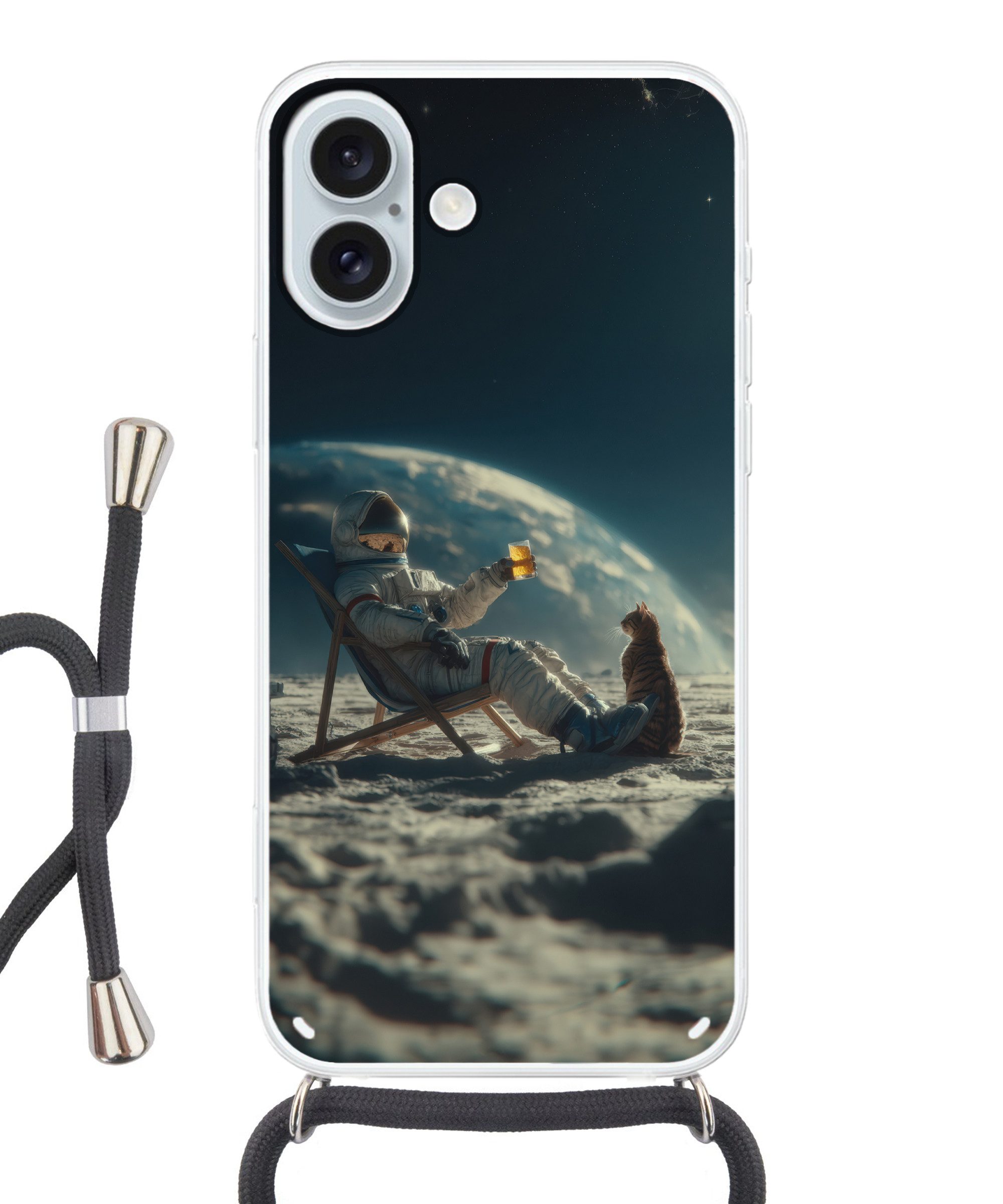 MuchoWow Handyhülle für Apple iPhone 16 Plus Astronaut - Katze - Glas - Stuhl, Tragbare Handyhüllen mit Kette zum umhängen, Handykette Handyband