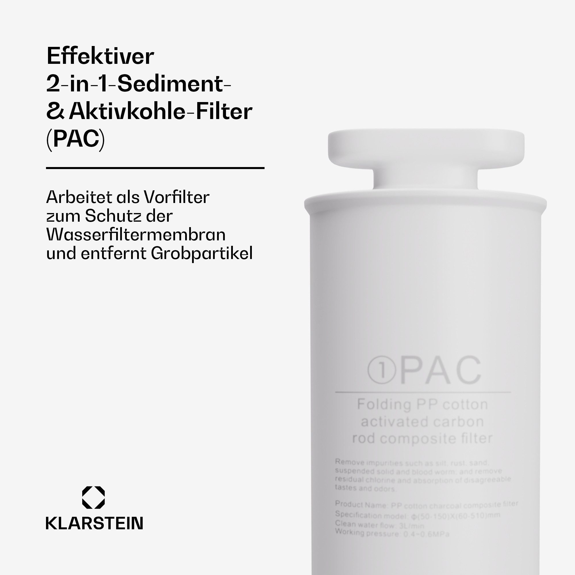 Klarstein Wasserfilter AquaFina PAC Filter, Zubehör für AquaLine PAC, 2-in-1 Filtersystem Wasseraufbereitung Aktivkohlefilter