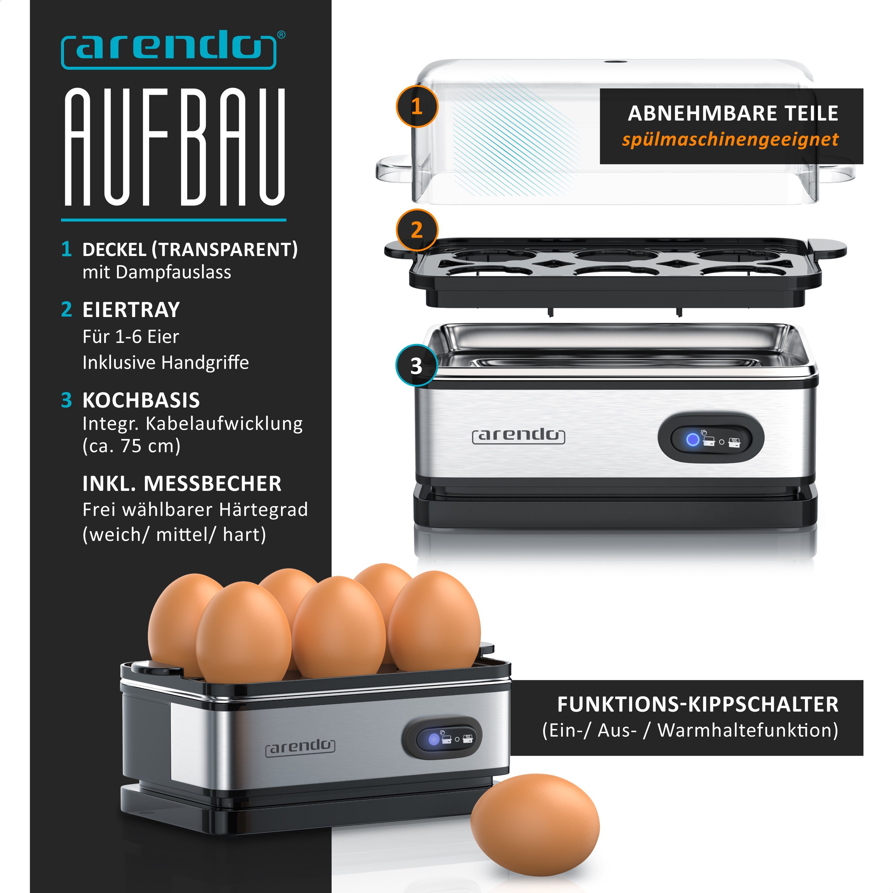 Arendo Eierkocher 6-fach, Edelstahl, mit Warmhaltefunktion, frei wählbarer Härtegrad, Anzahl Eier: 6 St., 400 W, Kipp-Funktionsschalter mit Indikationsleuchte, für bis zu 6 Eier