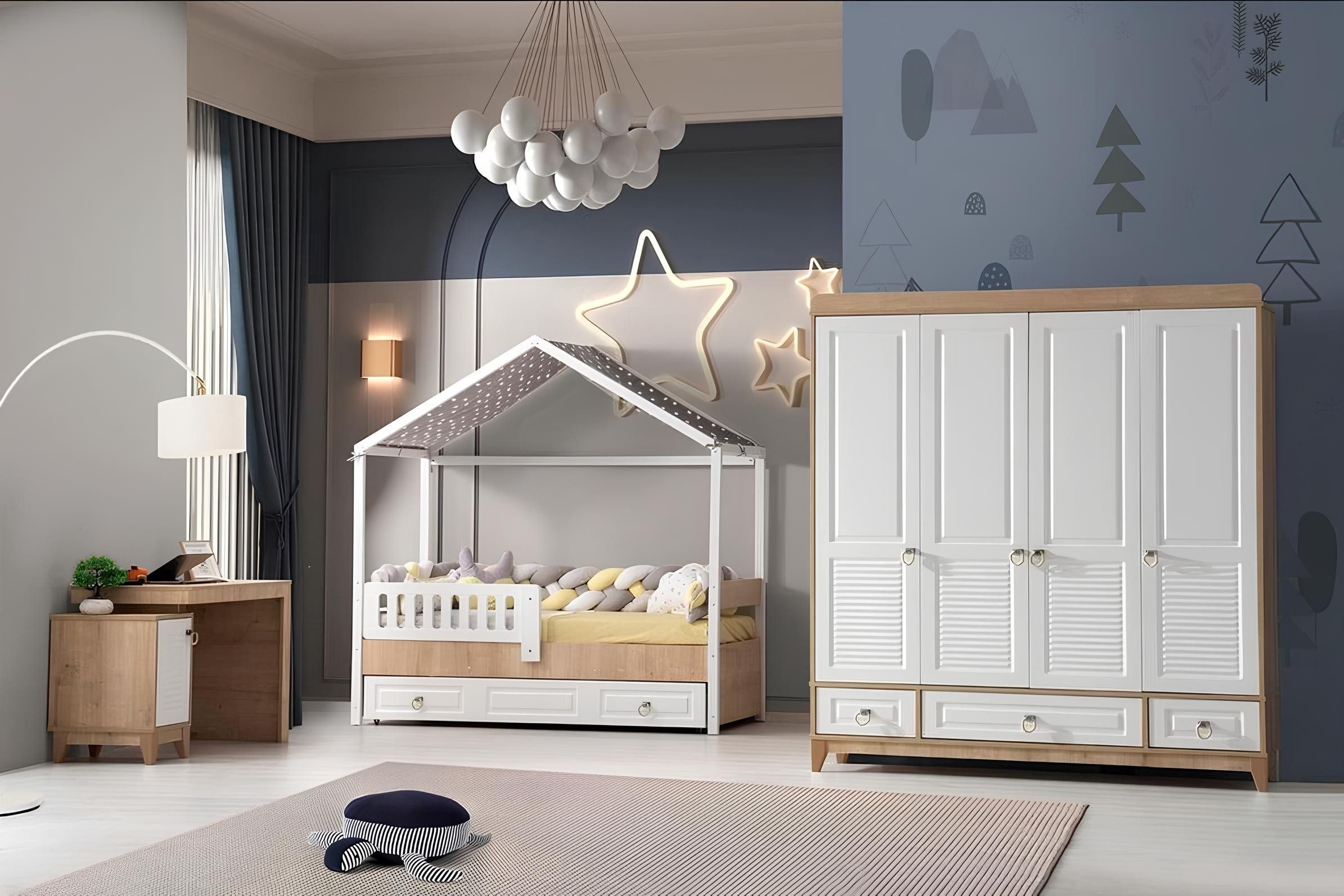 JVmoebel Babymöbel-Set Modernes Kinderzimmer Set in Hellgrau mit Bett und Schreibtisch, (3-tlg., 1x Bett + 1x Kleiderschrank + 1x Schreibtisch), Made in Europa