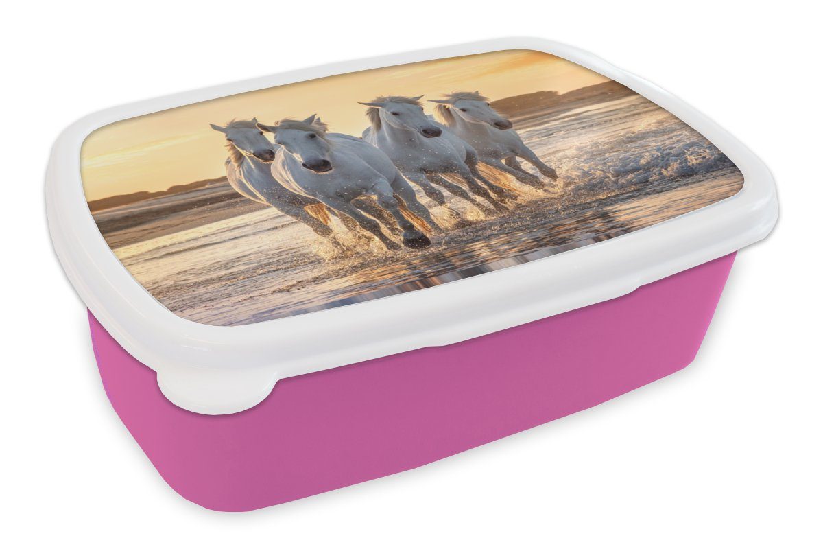MuchoWow Lunchbox Pferde - Wasser - Strand - Tiere, Kunststoff, (2-tlg), Brotbox für Erwachsene, Brotdose Kinder, Snackbox, Mädchen, Kunststoff rosa