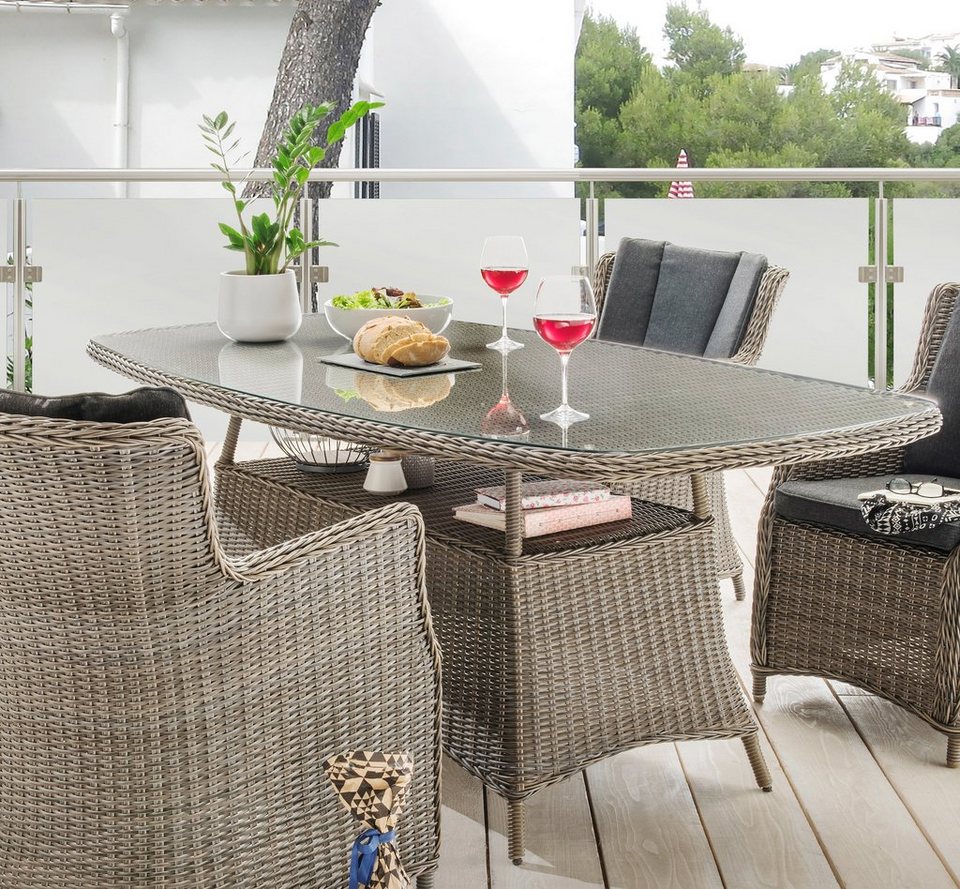 Destiny Gartentisch LUNA, Polyrattan, oval 200x100x75cm, mit aufgelegter  Glasplatte, Die Tischplatte besteht aus Polyrattan inkl. aufgelegter  Glasplatte