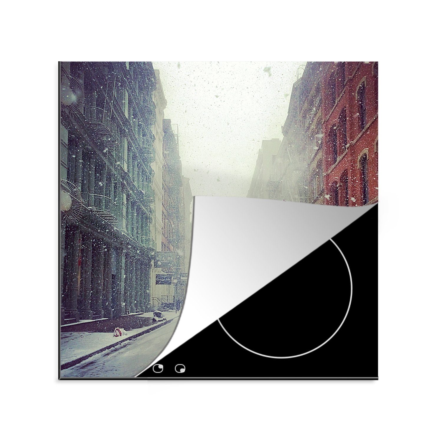 MuchoWow Herdblende-/Abdeckplatte Schneesturm im Stadtteil Tribeca in Manhattan, Vinyl, (1 tlg), 78x78 cm, Ceranfeldabdeckung, Arbeitsplatte für küche