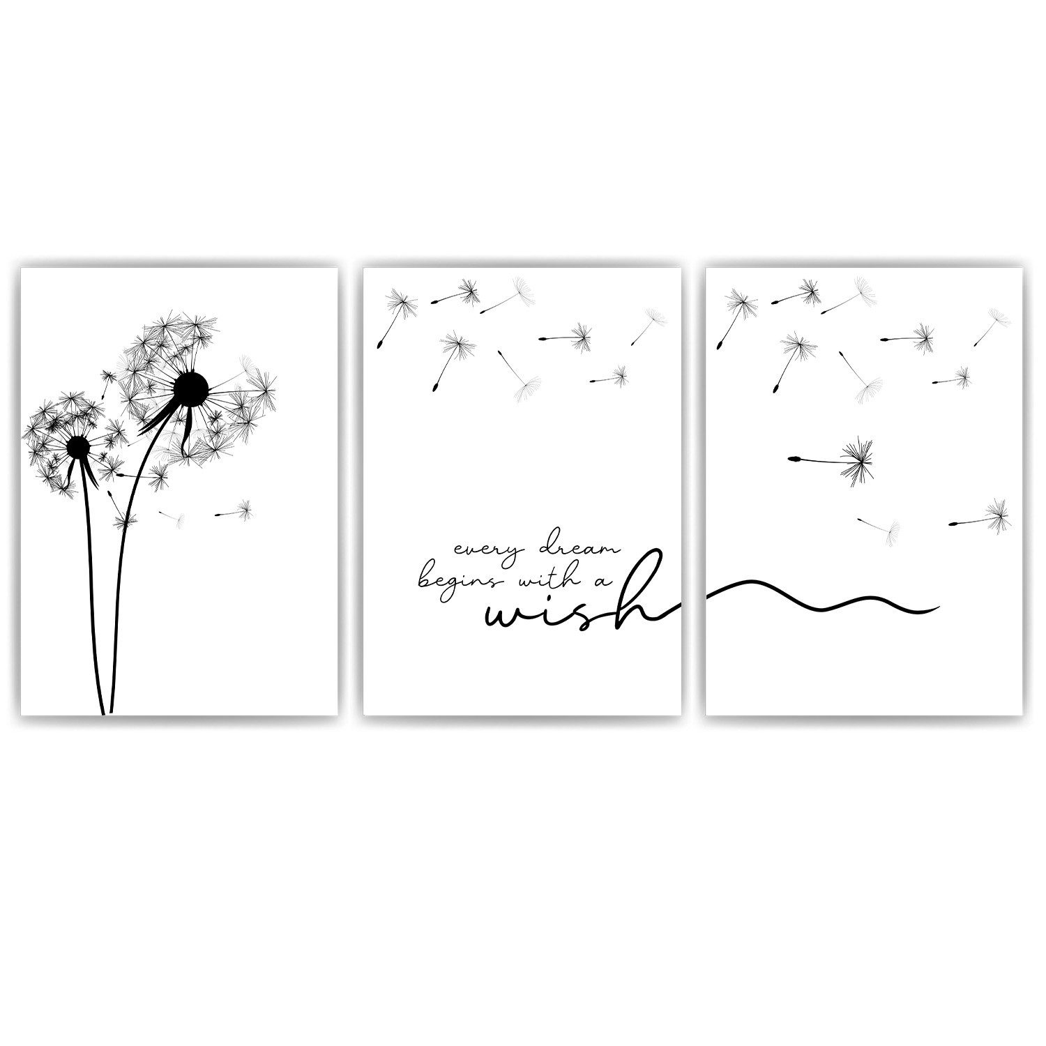 Tigerlino Poster Löwenzahn Poster 3er Set Schwarz Weiß Modern Wandbilder Wohnzimmer