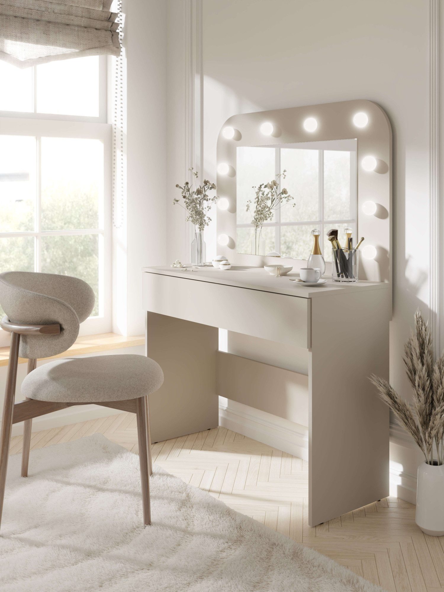 OTTO home Schminktisch NAANCY, Hollywood Spiegelmit Beleuchtung, Schublade Soft Close (B/T/H: 100/42,5/142cm, Farbe Kaschmir Beige), KOOSmetiktisch mit viel Stauraum, LED, Soft-Close
