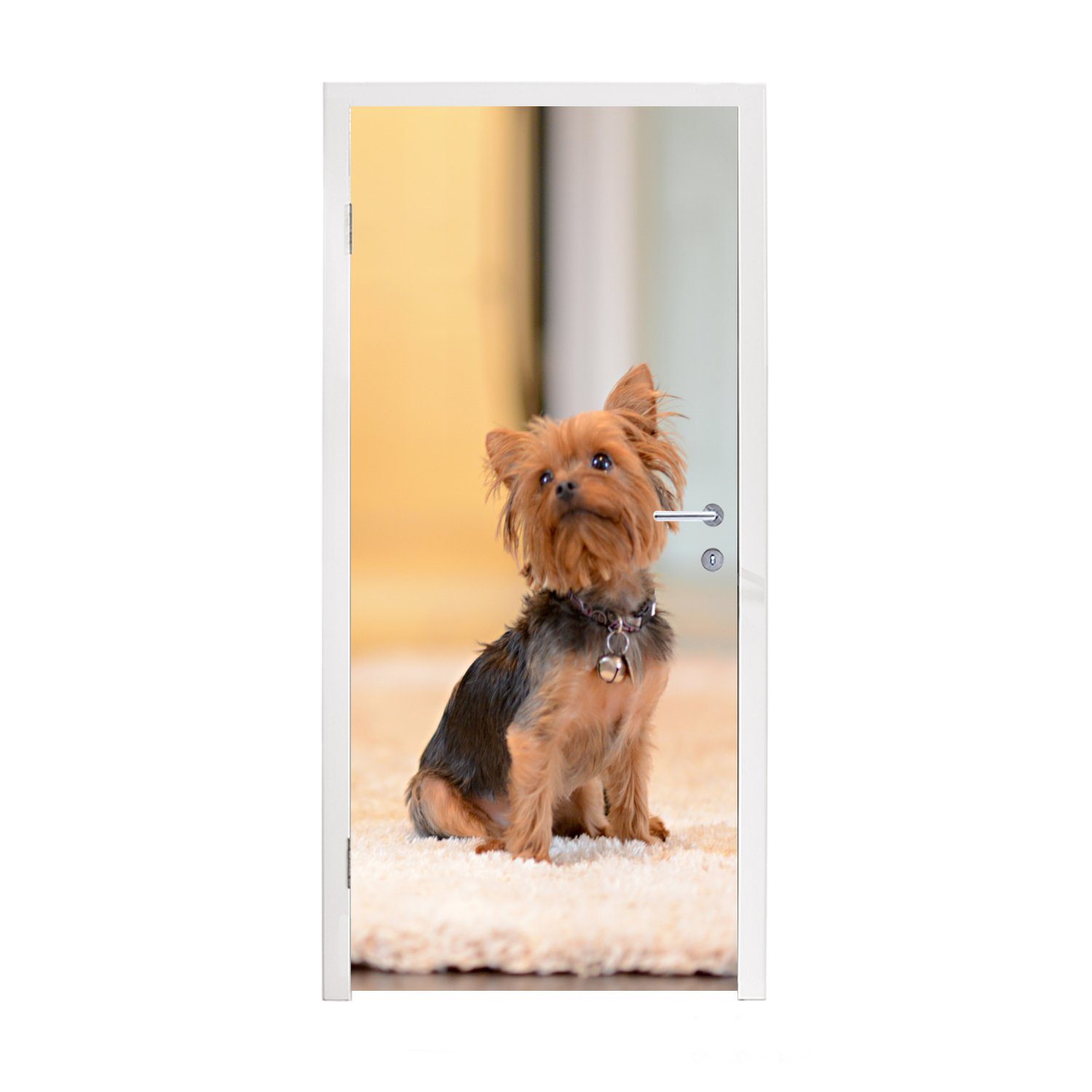 MuchoWow Türtapete Ein kleiner Yorkshire Terrier sitzt auf einem Teppich, Matt, bedruckt, (1 St), Fototapete für Tür, Türaufkleber, 75x205 cm