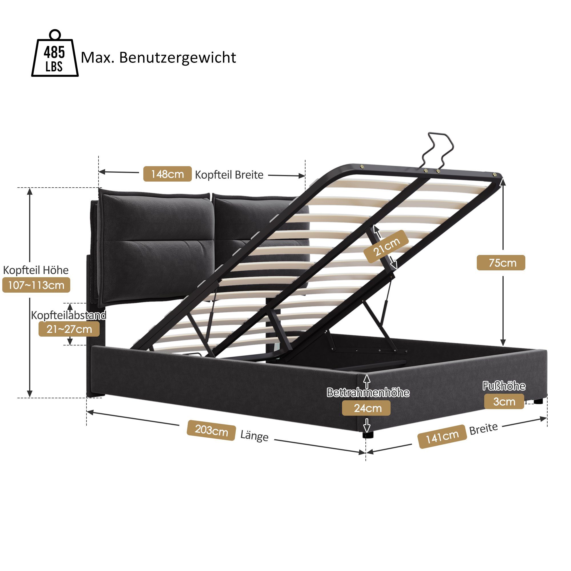Boxspringbett (Polsterbett Doppelbett mit Lattenrost, Bettkasten und verstellbarem Kopfteil), Hydraulisches Bett Funktionsbett 140x200 cm Samt