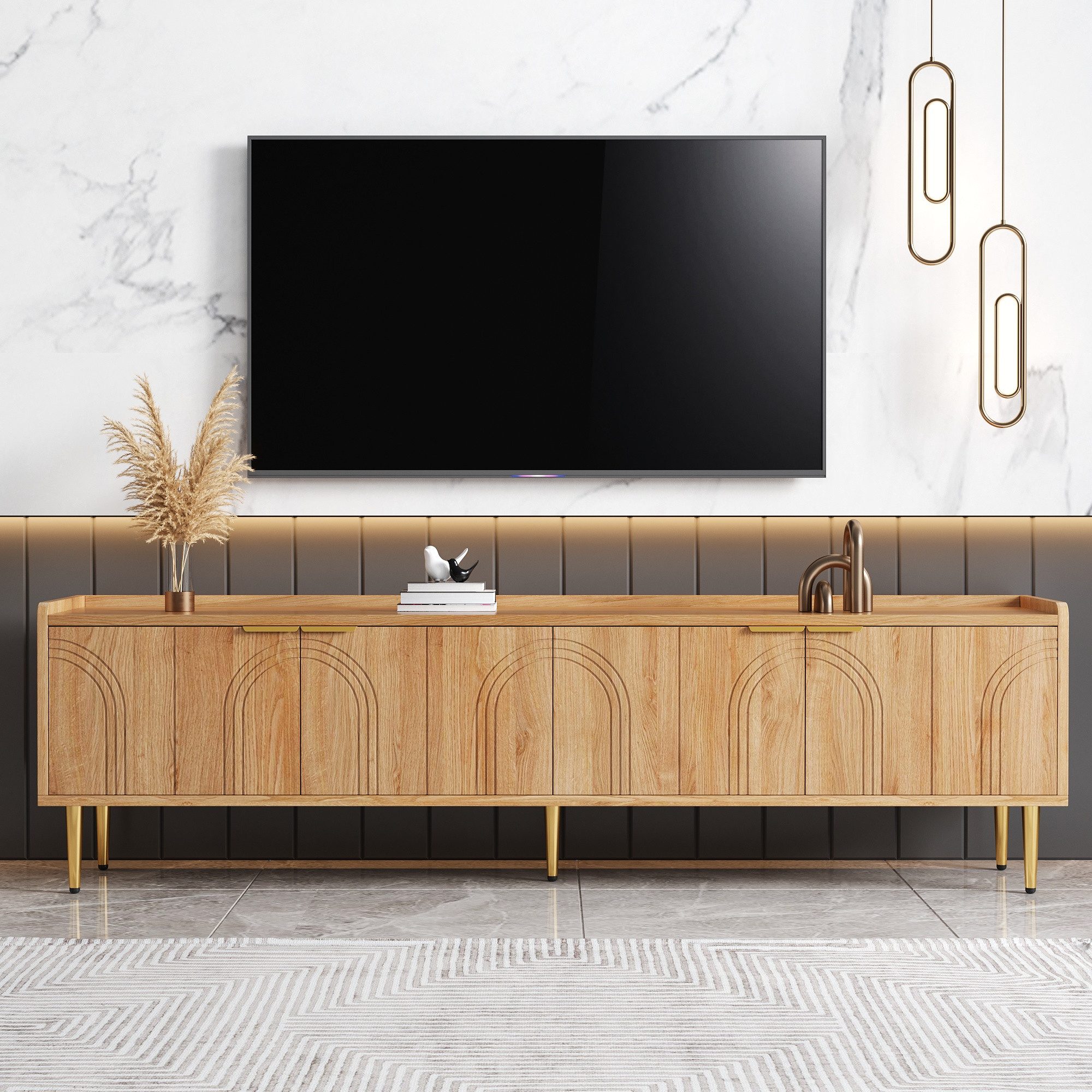 OKWISH TV-Schrank Lowboard mit strukturierter Tür mit Kabeldurchführung (Packung, 1-St., 170 L x 35 B x 47,5 H (cm) TV-Möbel mit goldenen Griffen und goldenen Füßen