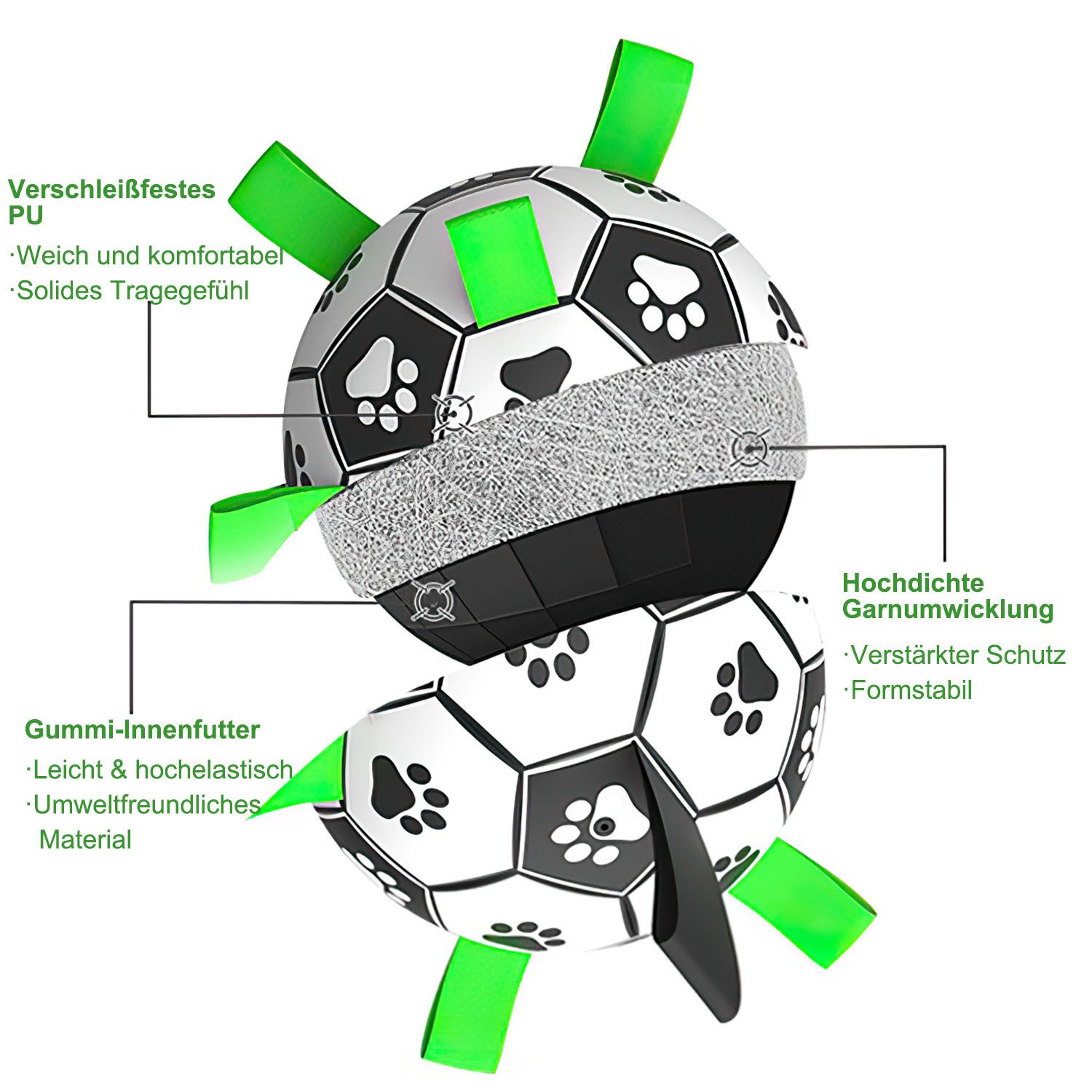 HEYHIPPO Tierball Hundespielzeug Fußball 15 x 23,5 cm Schwarz-Weiß mit Griffschlaufen, Eine Packung Interaktiver Haustierfußball aus bissfestem PU, fördert Bewegung