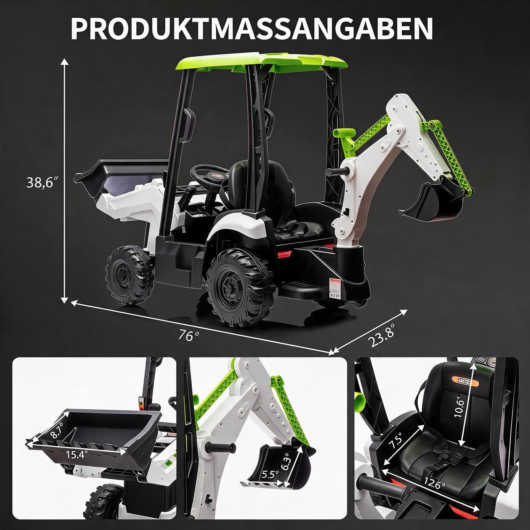 GarveeMore Elektro-Kinderauto 4-in-1 Kinder Elektrofahrzeug 12V, Elektrischer Traktor, Mit Bagger & Frontlader, Hupe, Abnehmbares Dach