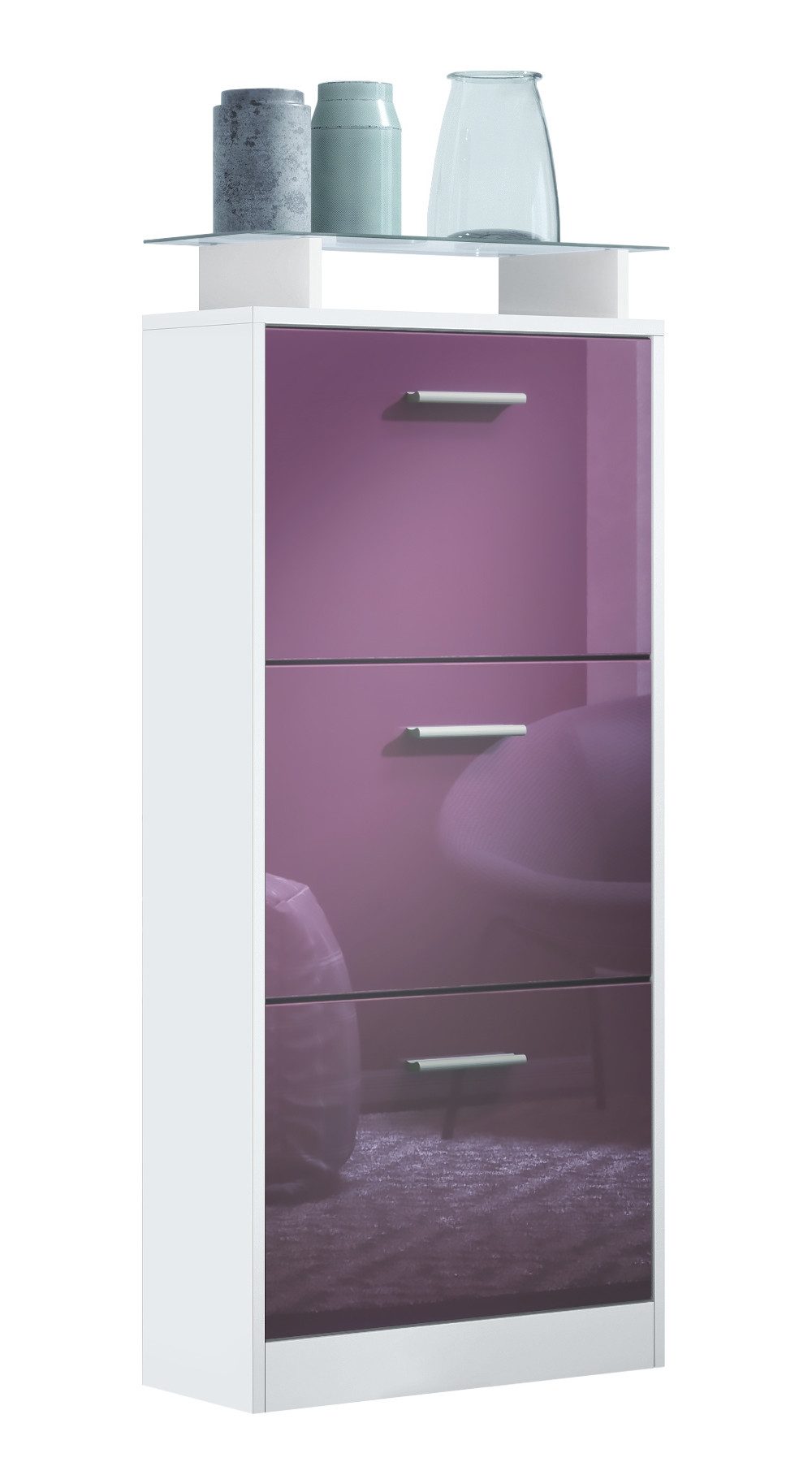 Vladon Schuhschrank Lavia V2 (Schuhkipper, für 12 Paar Schuhe mit 3 Klappen und Glasablage) Weiß matt/Brombeer Hochglanz (46 x 128 x 23 cm)