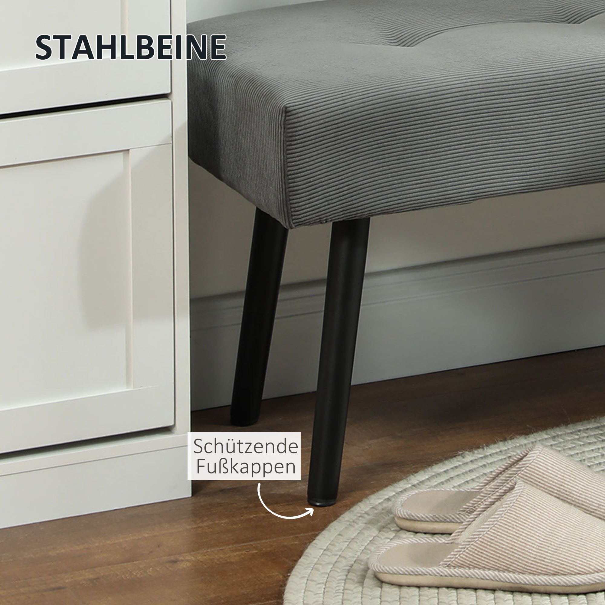 HOMCOM Polsterbank Sitzbank mit Cordbezug, Metallbeinen, Flurmöbel, 220 kg belastbar (Schuhbank, 1-St., getuftete Bettbank), für Schlafzimmer, Wohnzimmer, Flur  – Bild 5 von 5