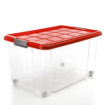 BigDean Aufbewahrungsbox 2x 60 L Aufbewahrungsbox mit Deckel + Rollen rot Stapelbox