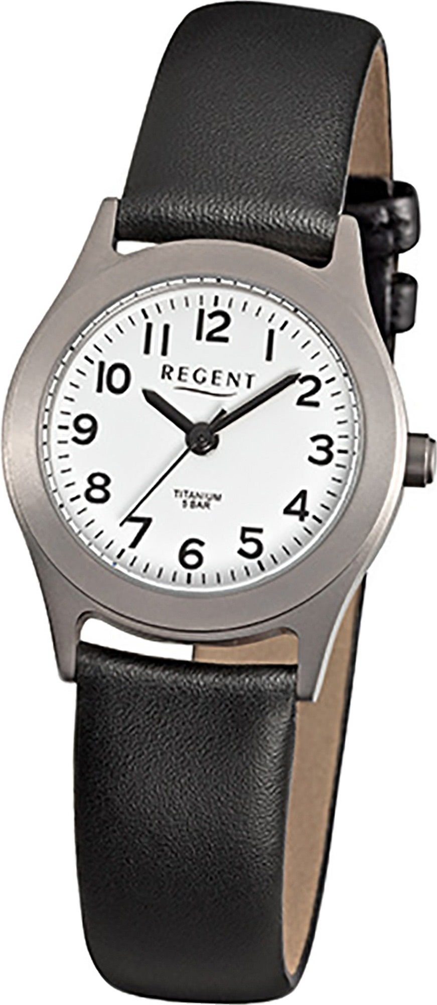 Regent Quarzuhr Regent Leder Damen Uhr F-871 Quarzuhr, (Analoguhr),  Damenuhr rund, klein (ca. 26mm), Titan, Lederarmband, Elegant-Style