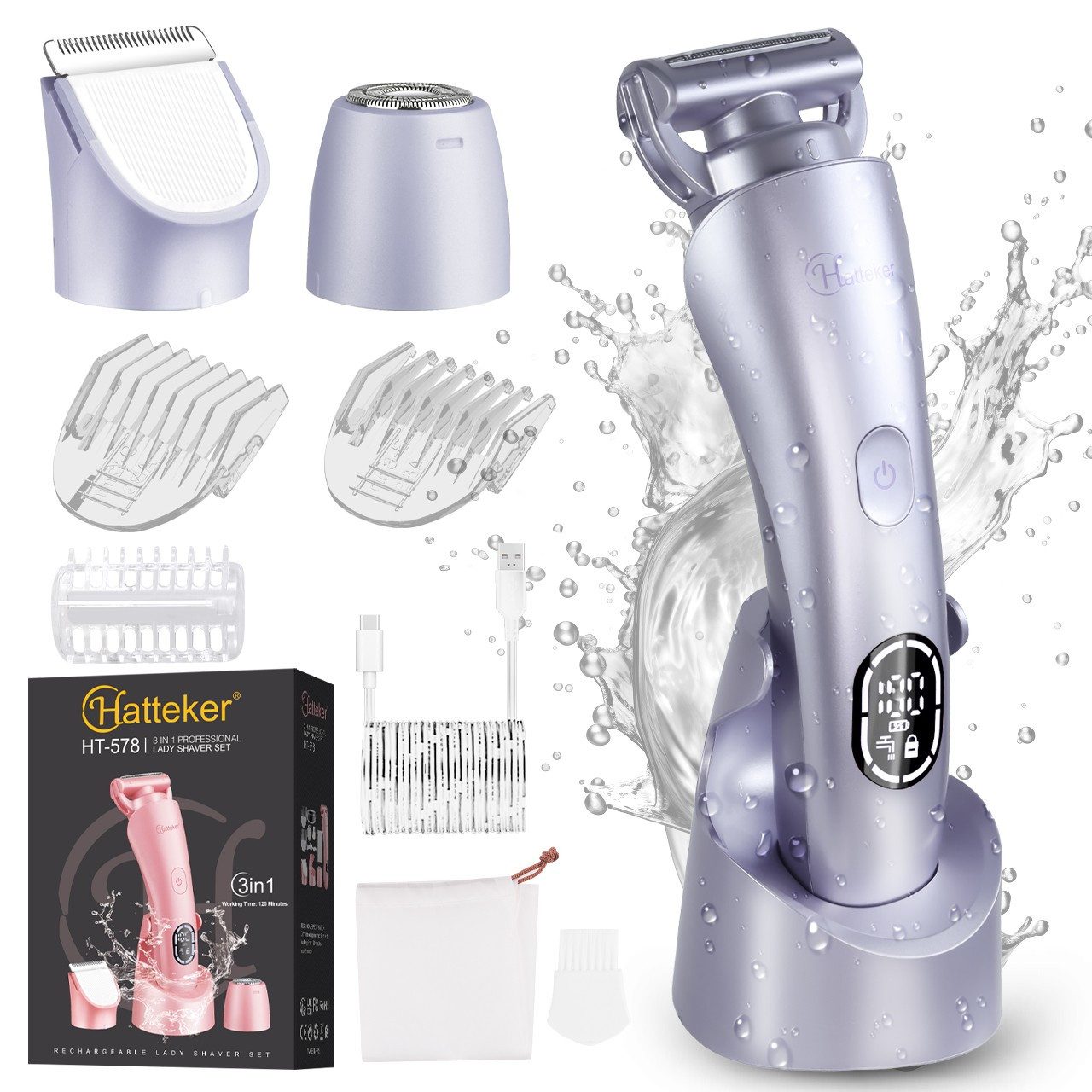 HATTEKER Epilierer RFC-578, Aufsätze: 1 St., Elektrorasierer für Damen, 3-in-1, Wet&Dry