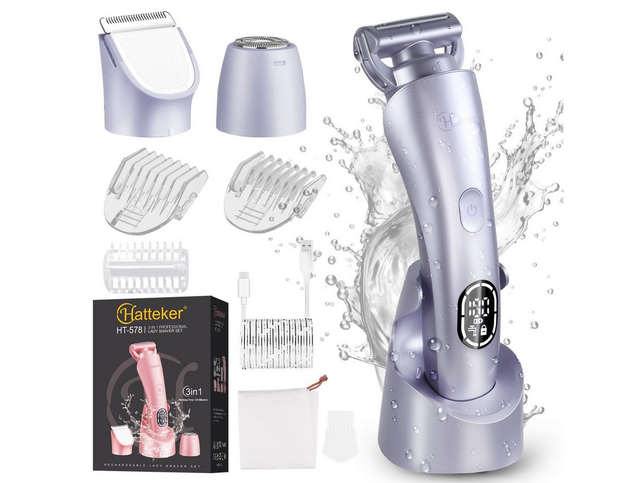 HATTEKER Epilierer RFC-578, Aufsätze: 1 St., Elektrorasierer für Damen, 3-in-1, Wet&Dry