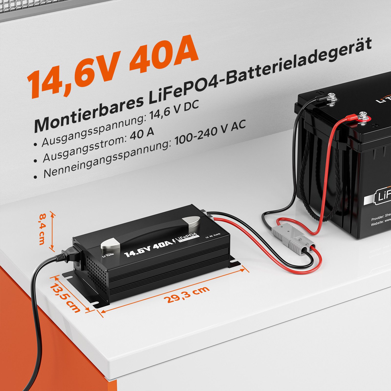 LiTime LiTime 14.6V 40A LiFePO4 Batterieladegerät mit Handgriff Akku-Set (1 St), AC 100-240 V Eingang, geeignet für 12V LiFePO4 Batterie