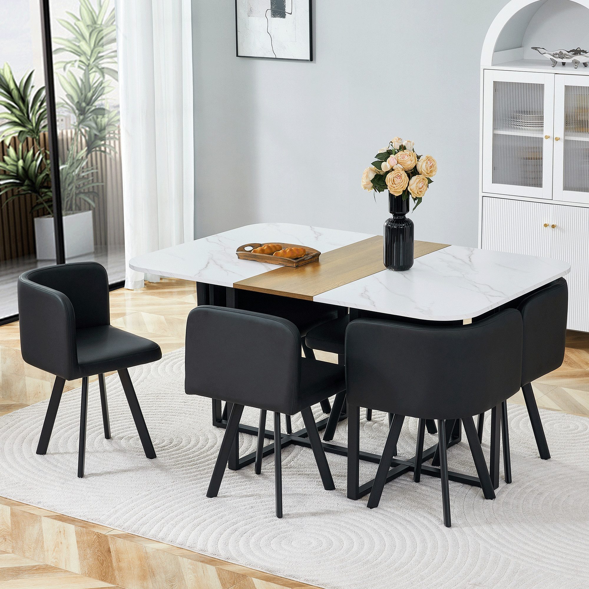 ANYSUN Essgruppe Esstisch-Set,Esstisch mit 6 Stühlen, für 4-6 Personen, (Set, 7-tlg,Tisch mit Holzmaserung-Oberfläche & schwarzem Metallgestell, Tisch mit 6 Stühlen), Esszimmerstuhl,rechteckig Küchentisch,ideal für Küche & Wohnzimmer