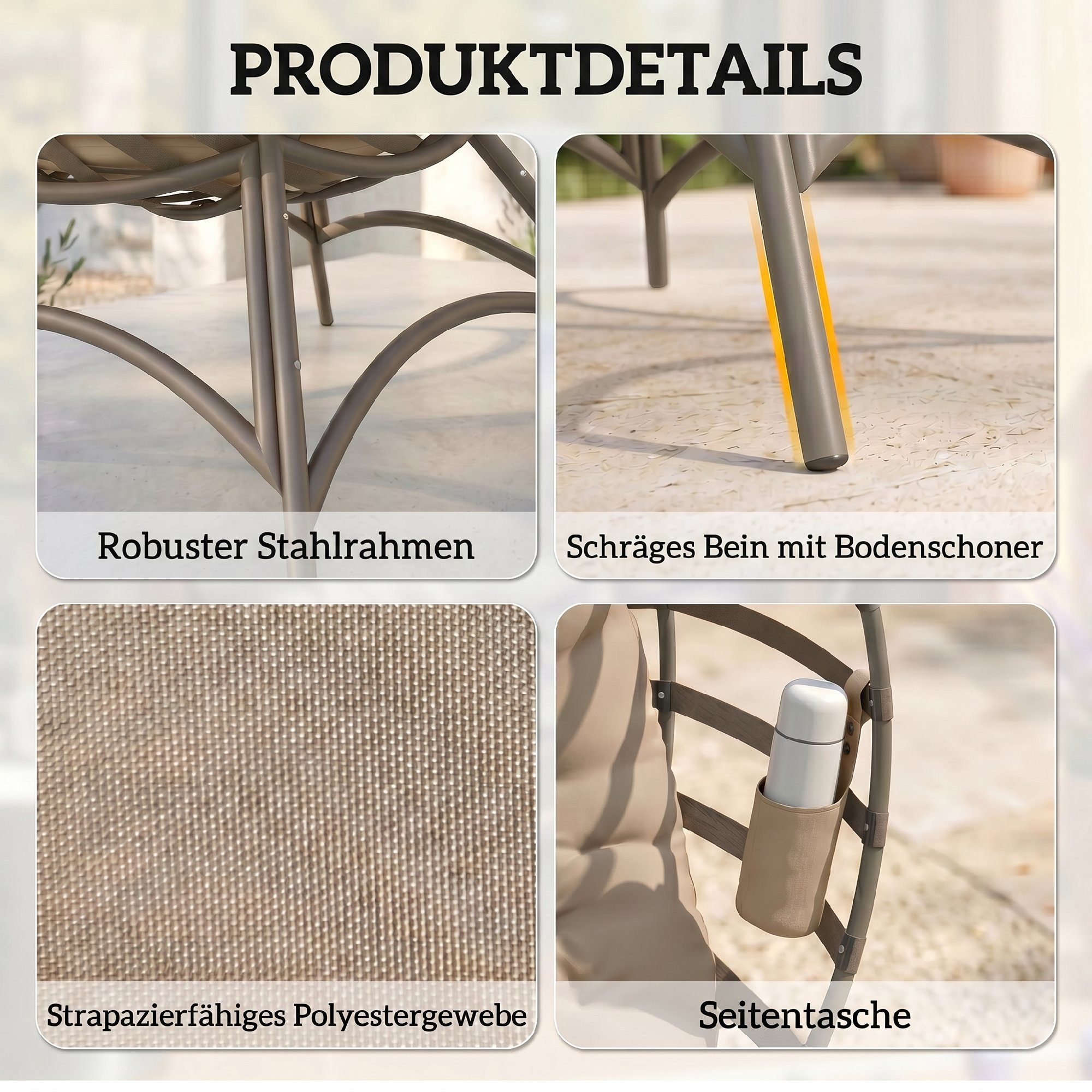 Outsunny Gartenstuhl 2Korb-Stuhl mit Kissen oval Loungesessel (Papasansessel, 1 St), für Garten, Balkon, Sand – Bild 4 von 5