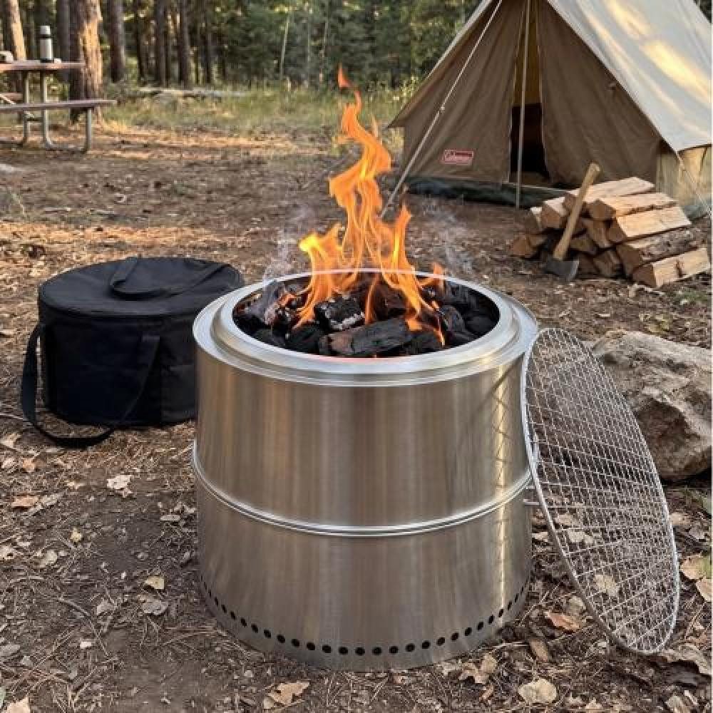 BBWL Grillkamin Feuerstelle Edelstahl tragbar 50cm raucharm mit Aschebehälter, Holzfeuerstelle Grill Feuerkorb Outdoor Kamin Terrasse Garten