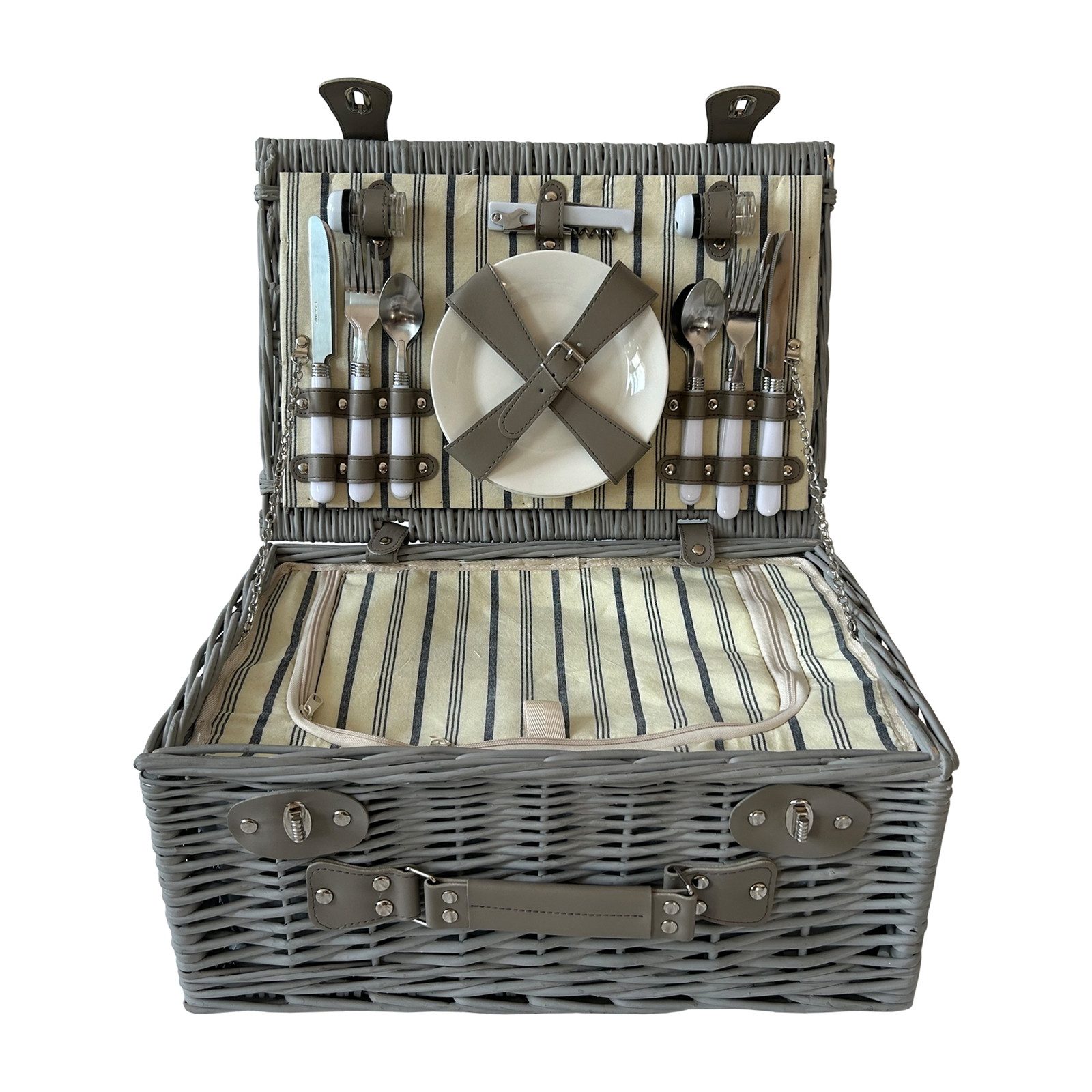 HTI-Living Picknickkorb Picknickkorb für 4 Personen Finie Grau (Stück, 1 St., 1 Picknickkorb inkl. Geschirr), Weidenkorb mit Geschirr und Kühlfach
