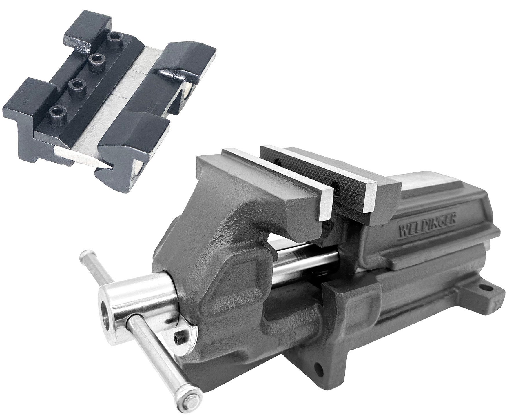 WELDINGER Schraubstock Schraubstock professional 125 mm Set mit magnetischen Abkantbacken #1, Set, Set mit magnetischen Abkantbacken für die Blechbearbeitung, 125 mm, Spannbacken abschraubbar, geriffelte Backeninnenseite