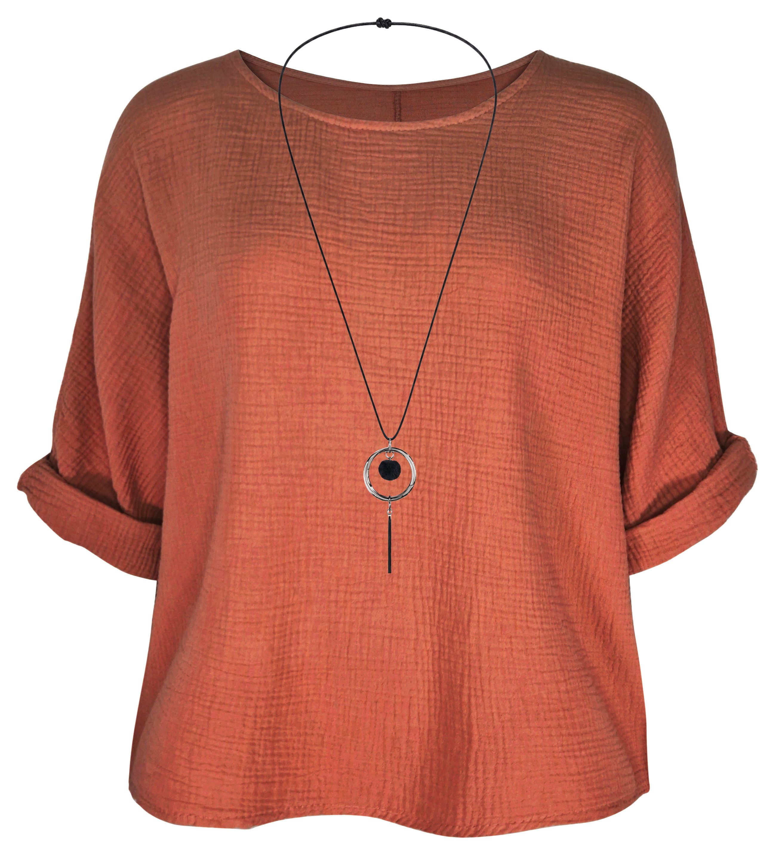 dy_mode Crinklebluse Damen Musselin Bluse Oversize Bluse Blusenshirt Oberteil Baumwolle in Unifarbe, mit passende Kette