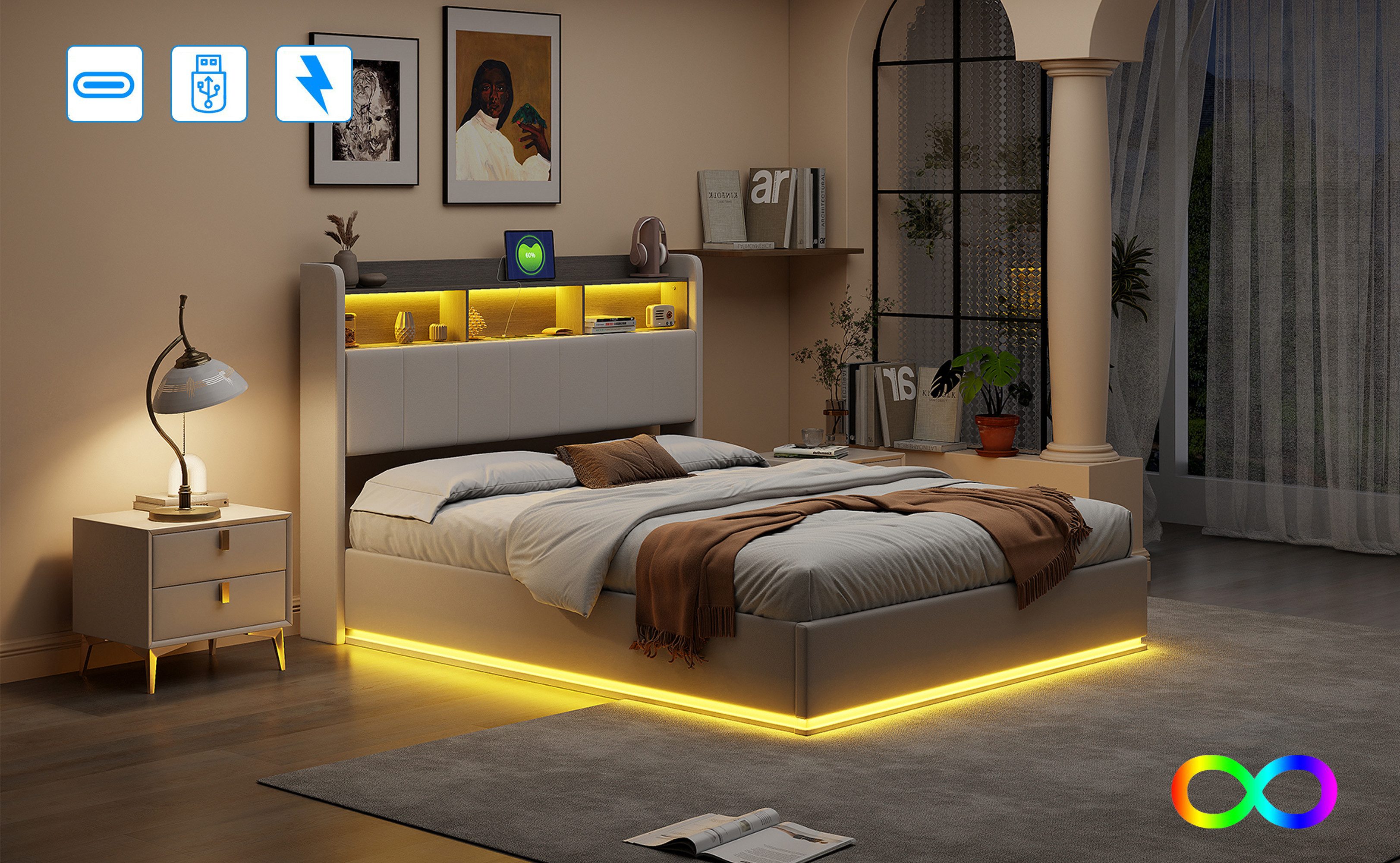 Furnishings Home Polsterbett Stauraumbett Doppelbett LED (Hydraulisch anheb günstig online kaufen