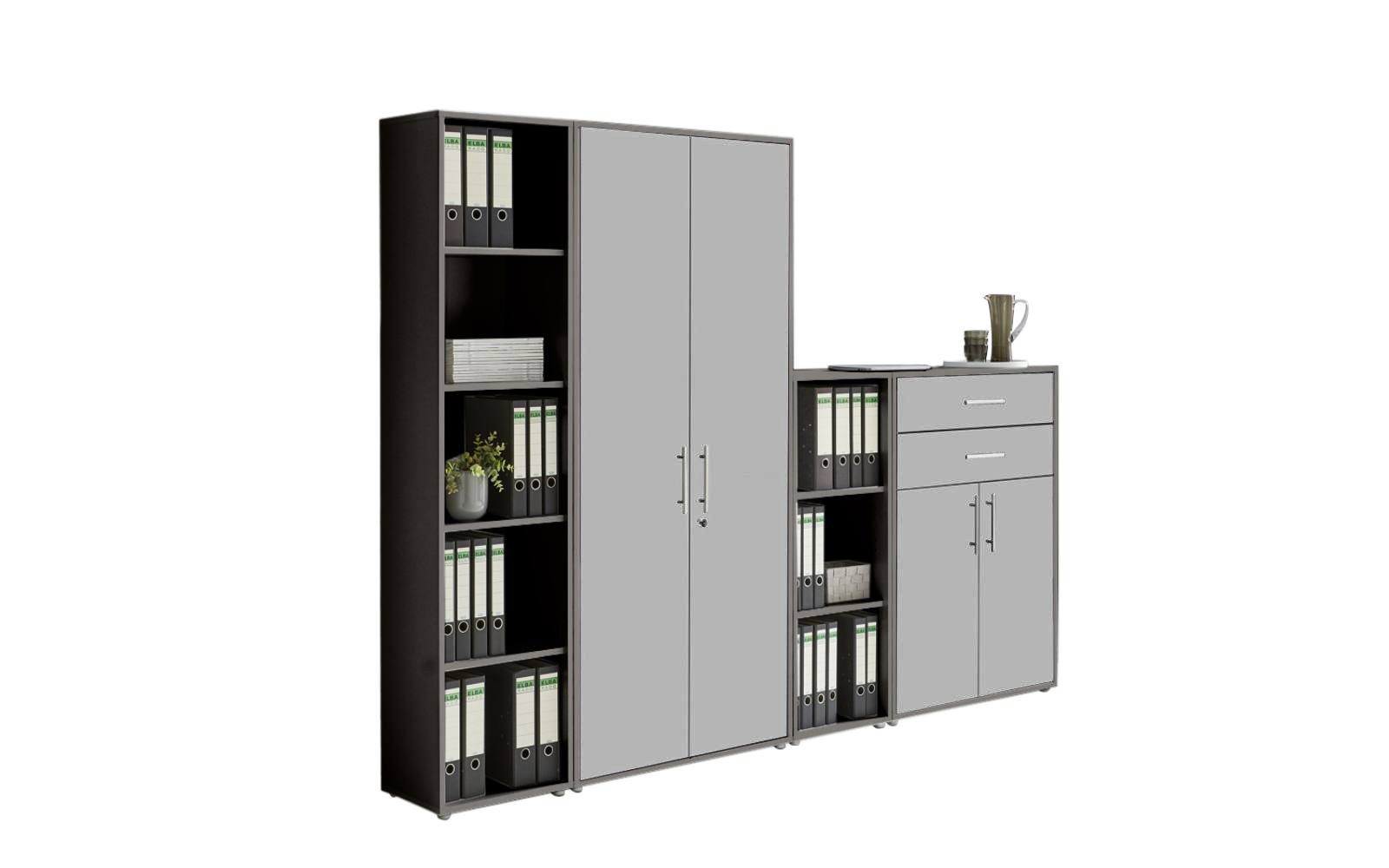 BMG Möbel Aktenschrank Office Edition (Set 22, Büroschrank abschließbar mit Metallgriffen, 4 teilig) 2x Regal, 1x großer Aktenschrank, 1x Schubkastenschrank
