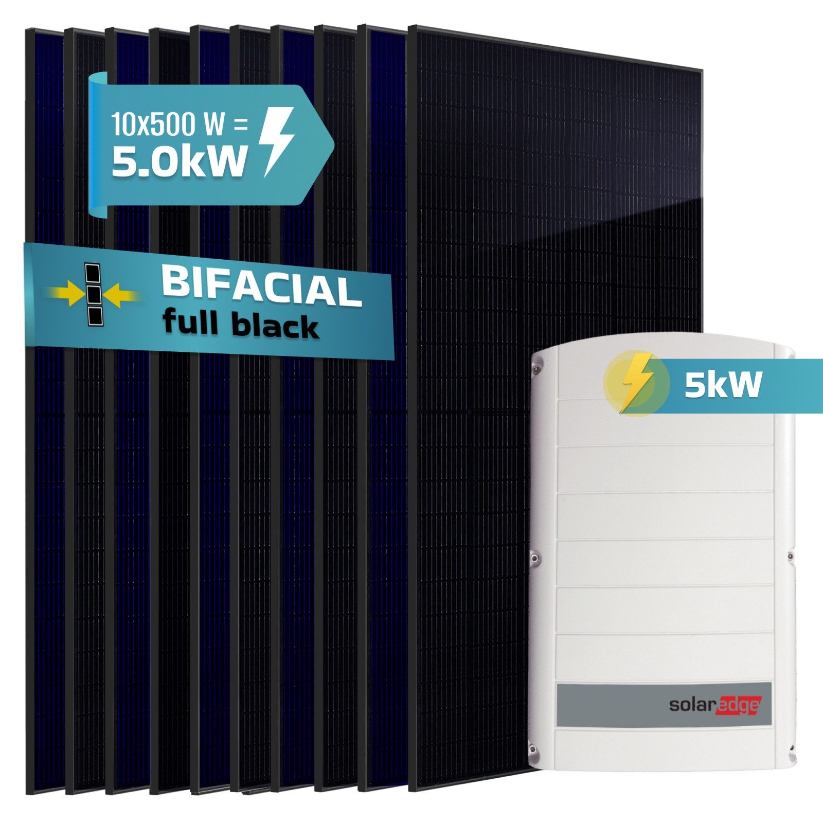 SUNNIVA Solaranlage 5.0 kW, Monokristallin, (10x 500 W Solarmodule Fullblack Bifacial, Wechselrichter SolarEdge SE5K (3-phasig)