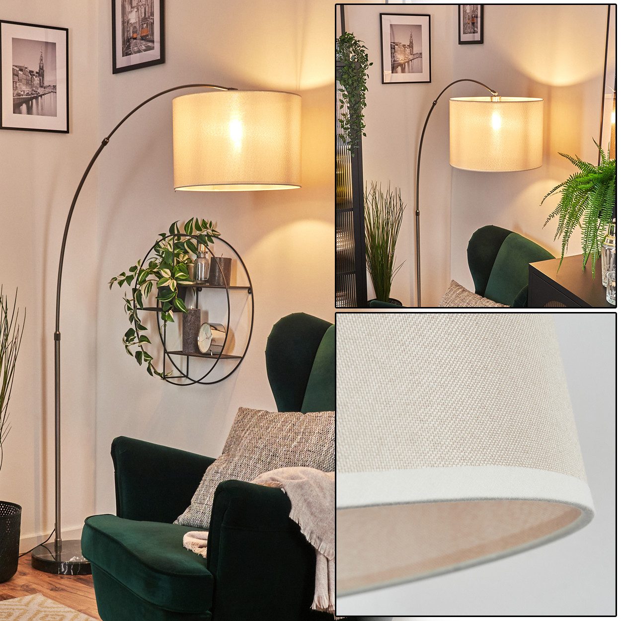 hofstein Bogenlampe Stehlampe mit Marmorfuß aus Metall/Stoff in Nickel/Schwarz/Beige/Weiß, verstellbare Stehleuchte im modernen Design, Ø 40 cm, Fußschalter, E27