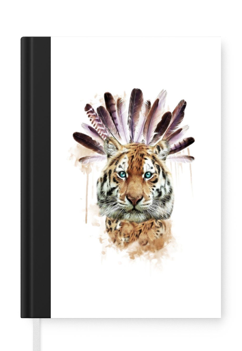 MuchoWow Notizbuch Tiger - Federn - Weiß, Journal, Merkzettel, Tagebuch, Notizheft, A5, 98 Seiten, Haushaltsbuch
